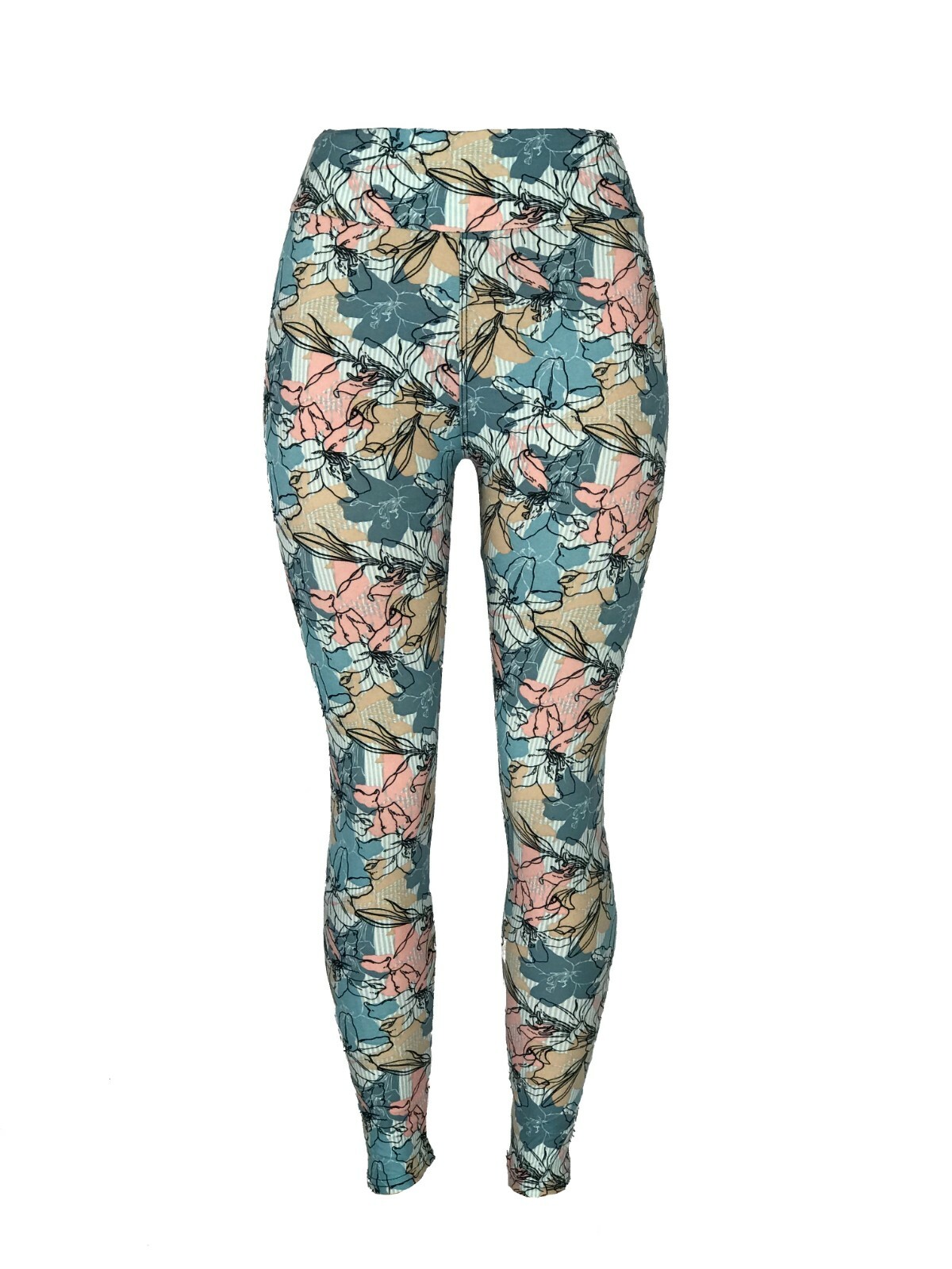 Tropical Pink & Blue Flowers Black Outlined Pattern Yoga Waistband Leggings