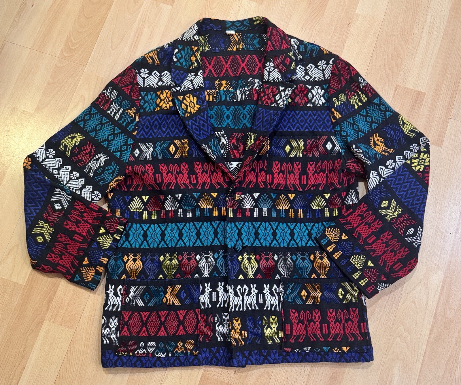 Vintage 70s Guatemalan Handwoven Jacket Men’s M Folk Art Chore Coat Maya Textile