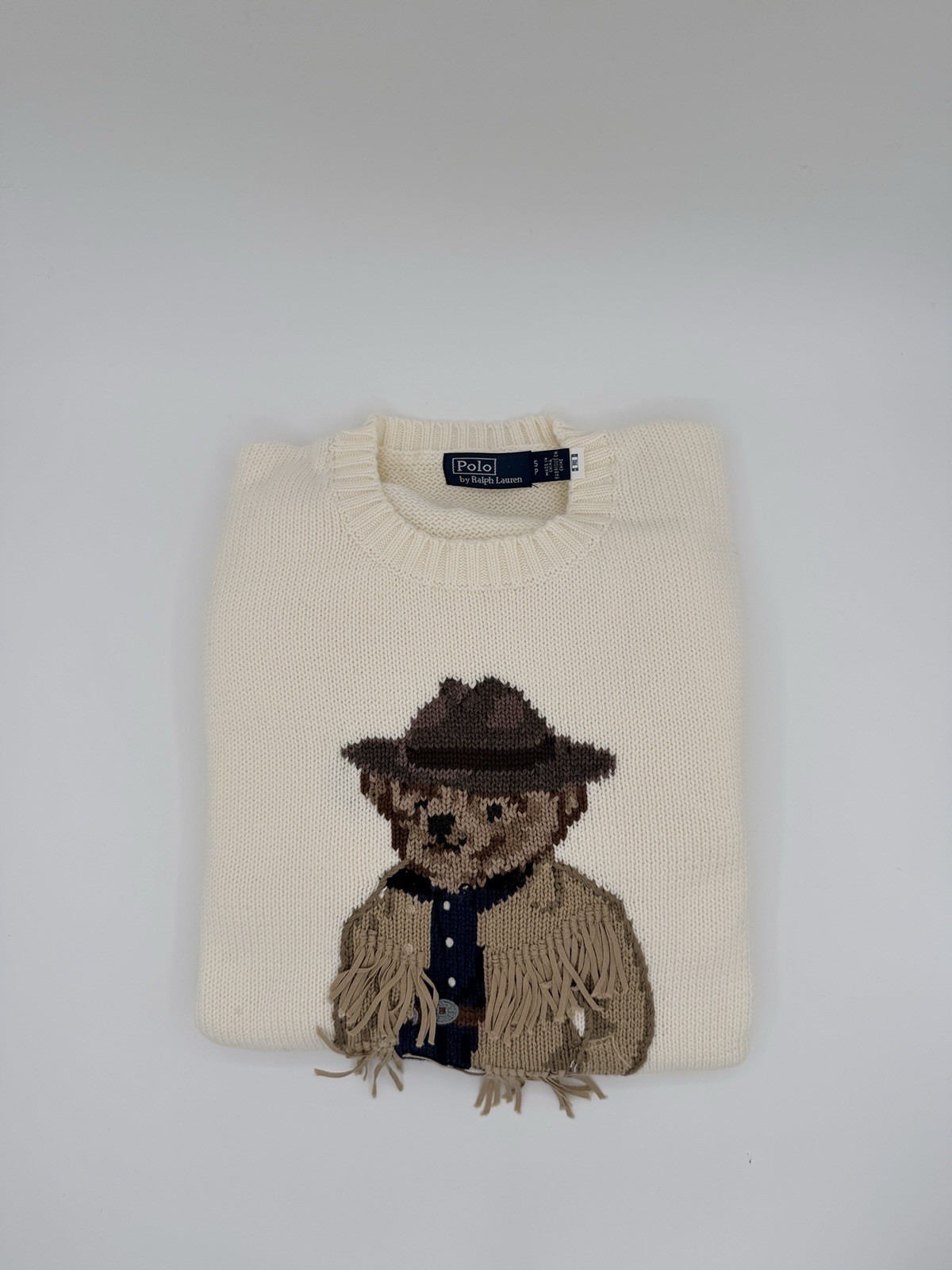 Polo Bear Crewneck Sweater Cream Ralph Lauren Bear Motify Cotton Jumper Sz S
