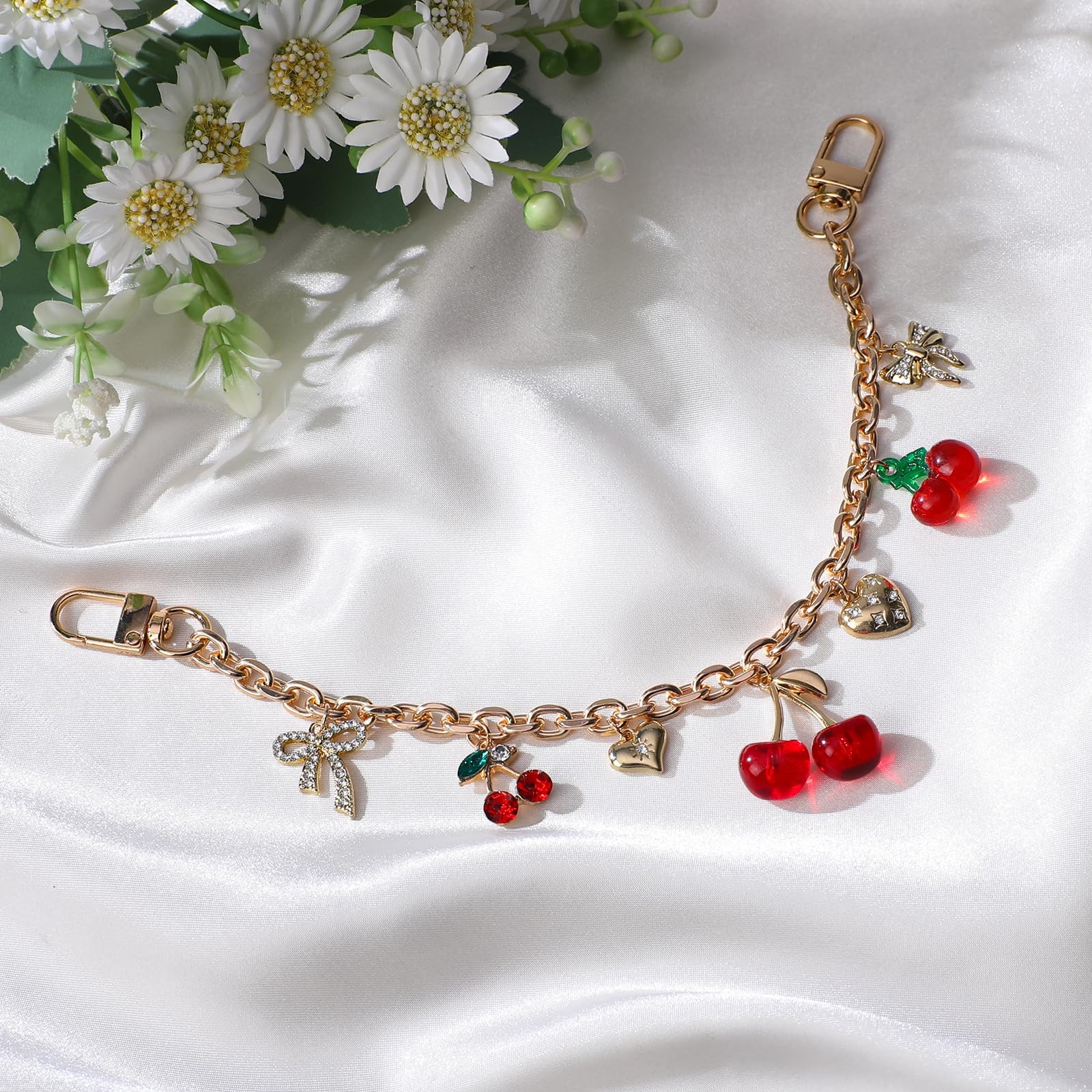 LuneClat Cherry BowKnot Decorative Bag Charms – Gold Elegant Pendant Bagchain…