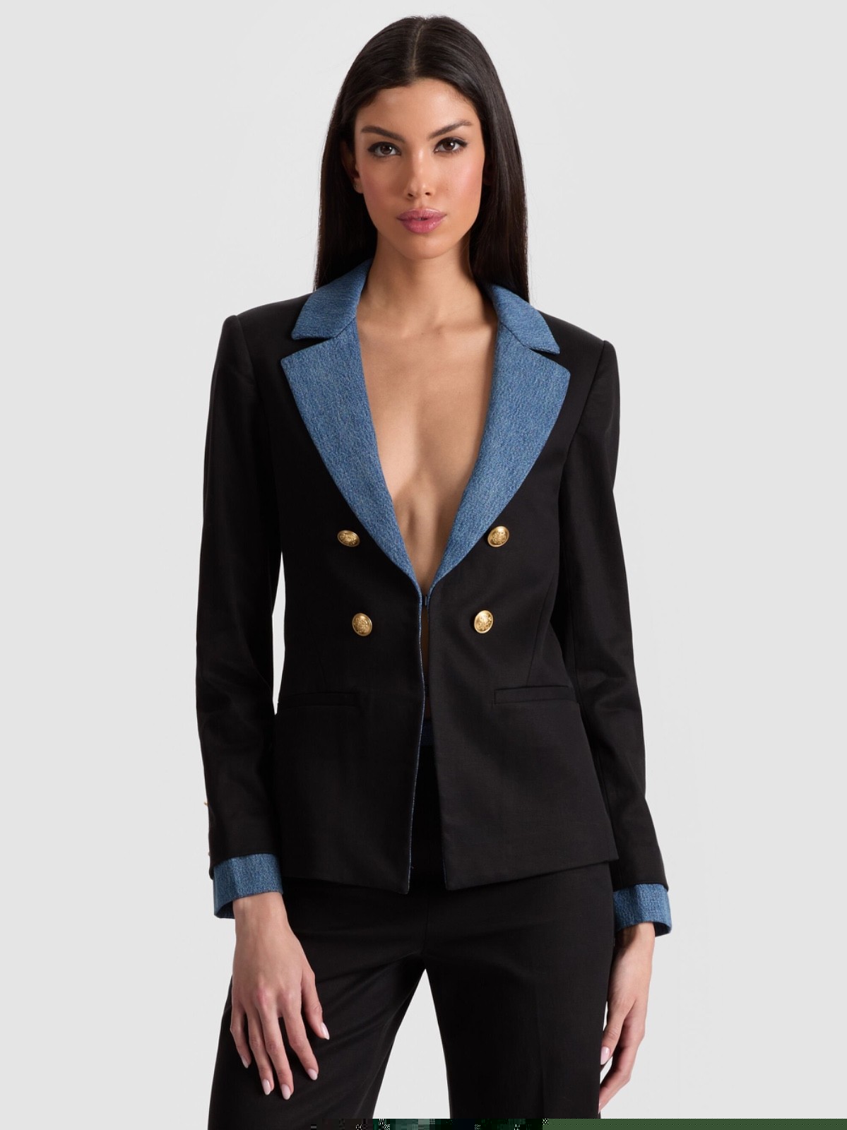 $660 ALICE + OLIVIA Women’s “Mya” blazer jacket – Black / Liana Blue – 6
