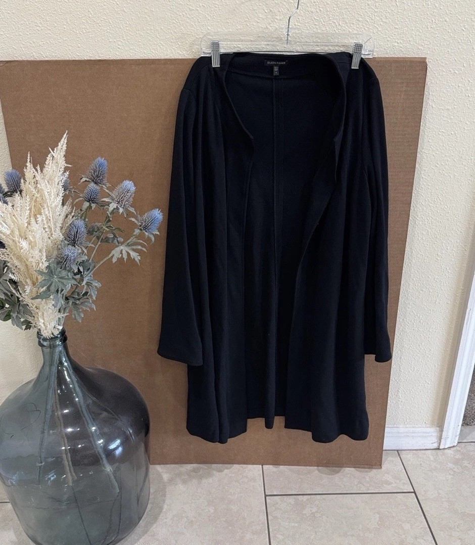 Eileen Fisher Viscose Wool Blend Open Front Black Long Cardigan Sz L