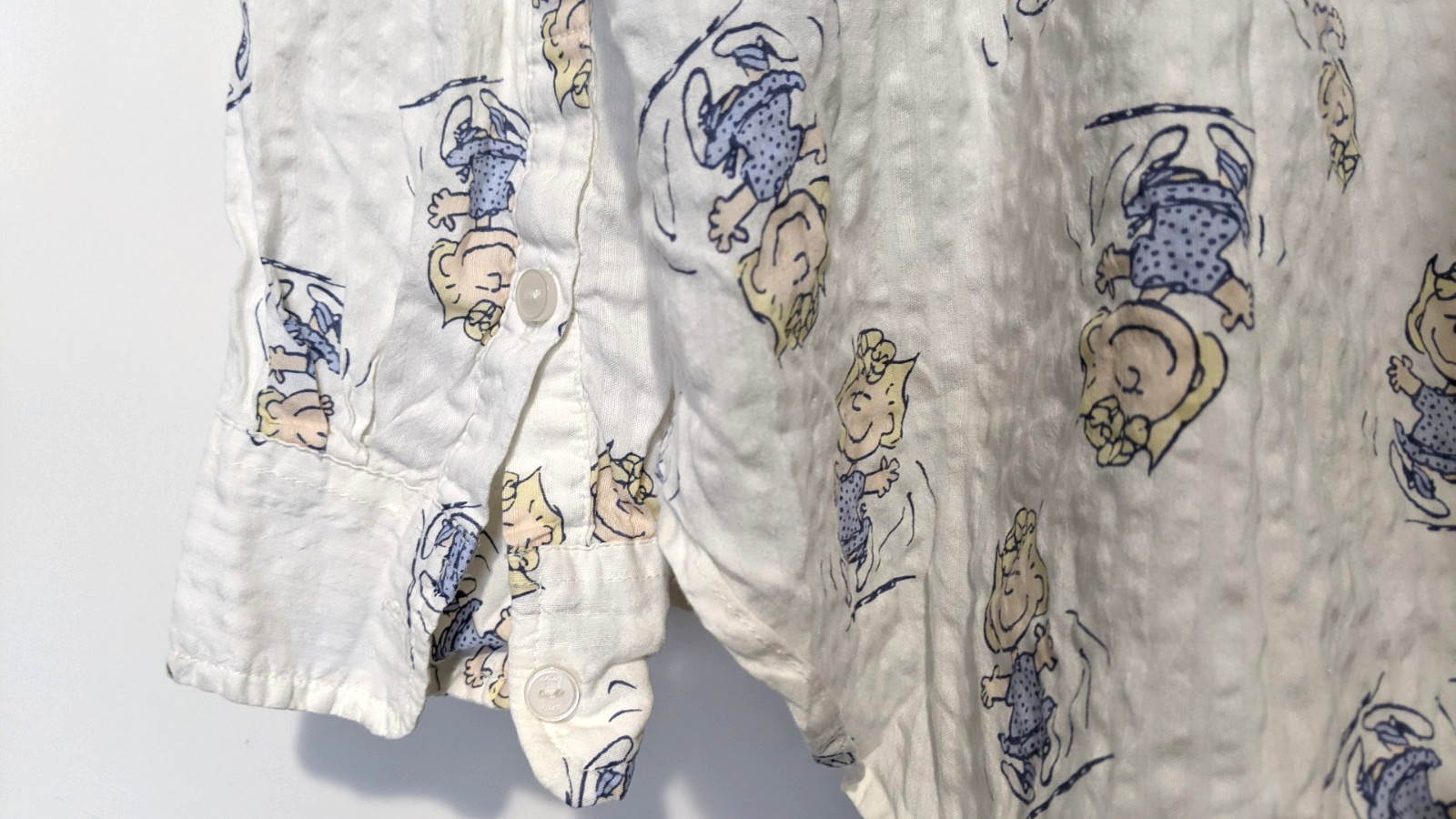 AERIE PEANUTS Sally Brown Seersucker Button Front Shirt Sz L Cotton Blend Muslin