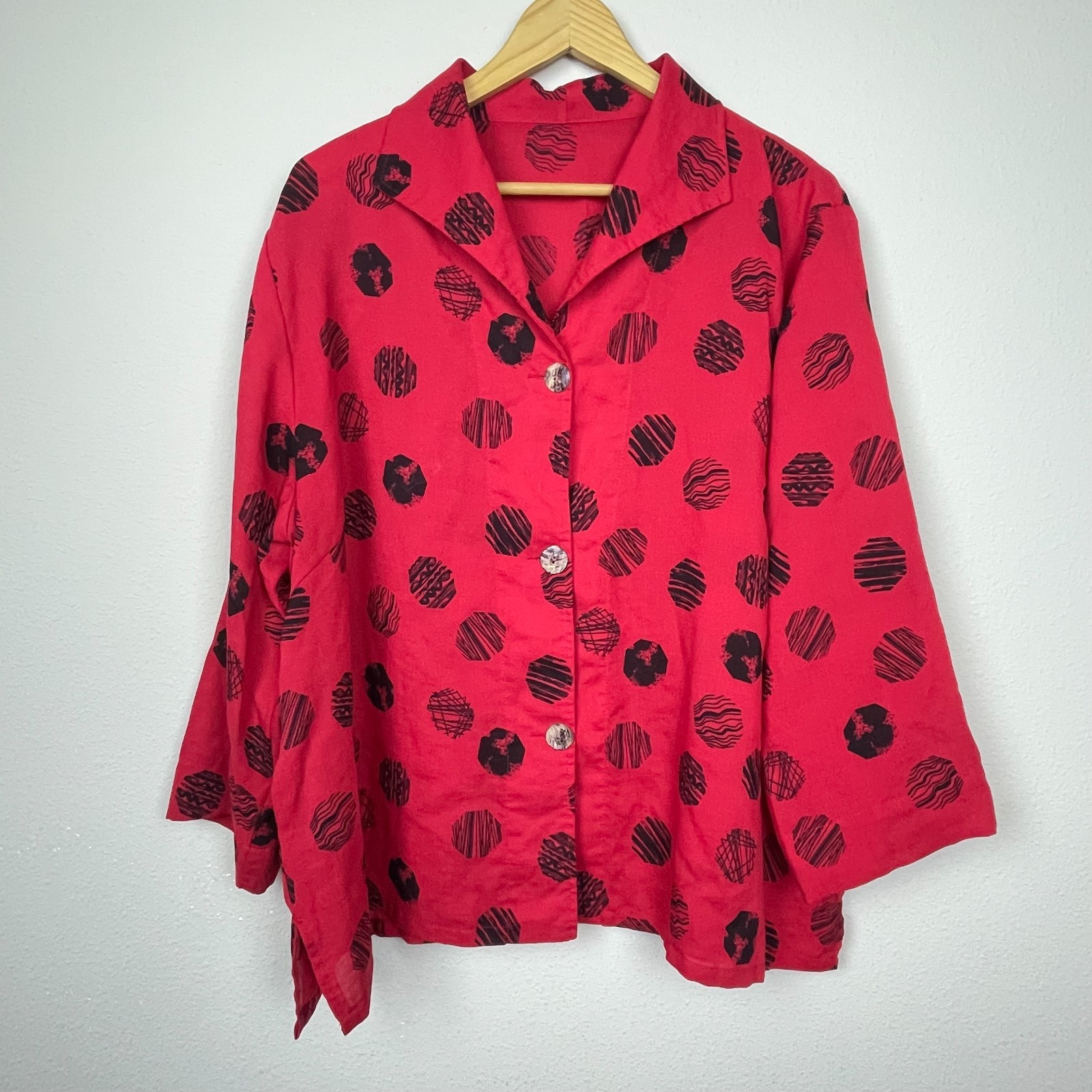 Fridaze Linen Top 1X Red Black Dots Button Up Boxy Lagenlook Boho Coastal