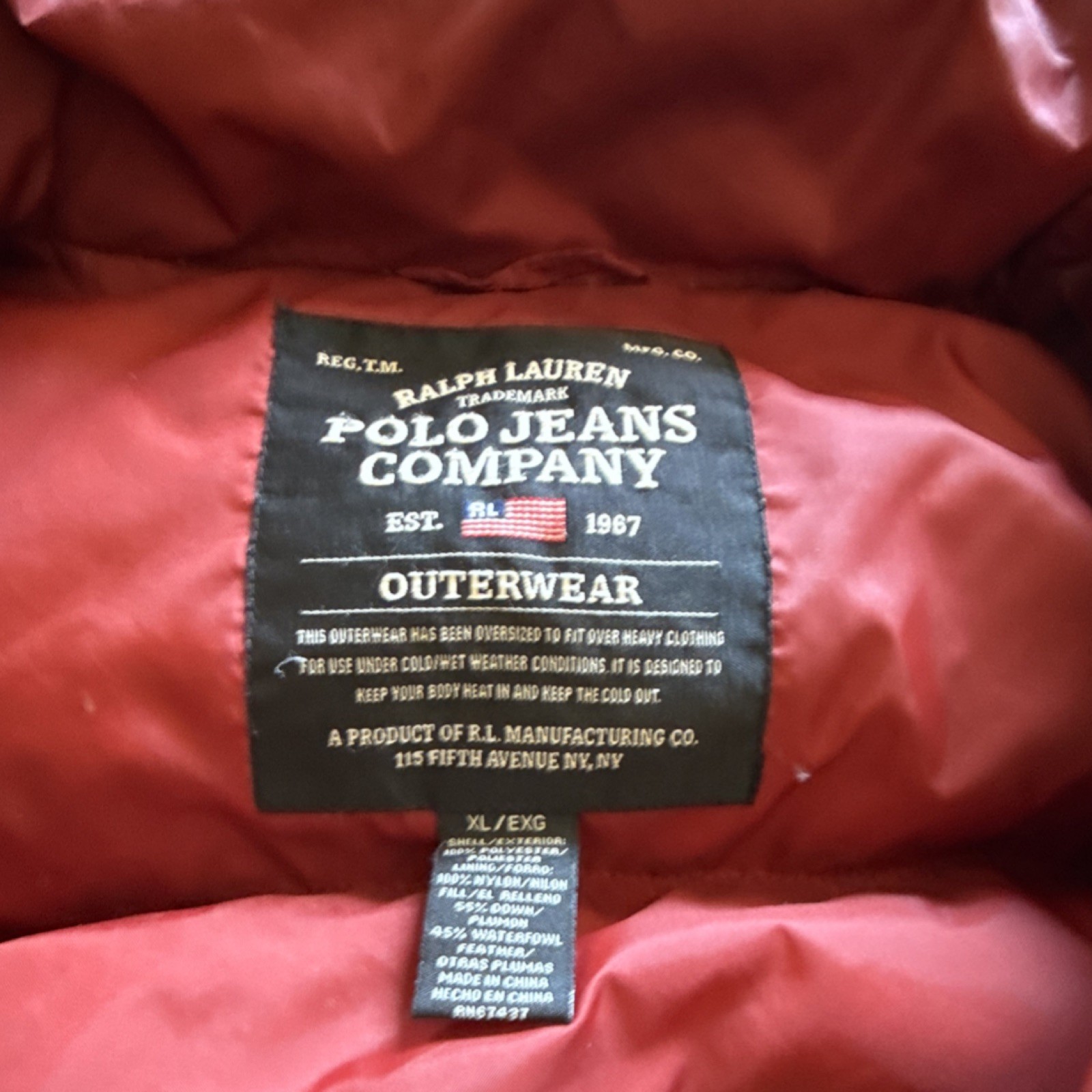 Polo Jeans Company Men’s XL Insulated Down Puffer Jacket Black Red Lined