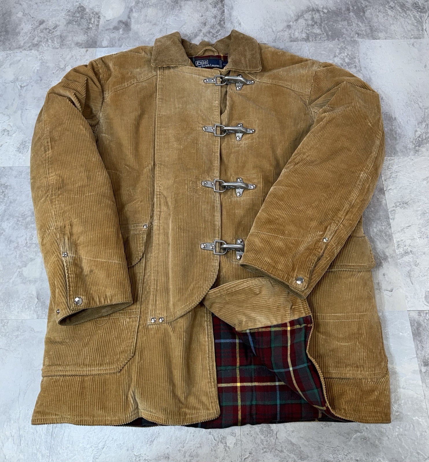 Vintage 90s Polo Ralph Lauren Fireman Corduroy Jacket Lobster Clasp Hook Beige S