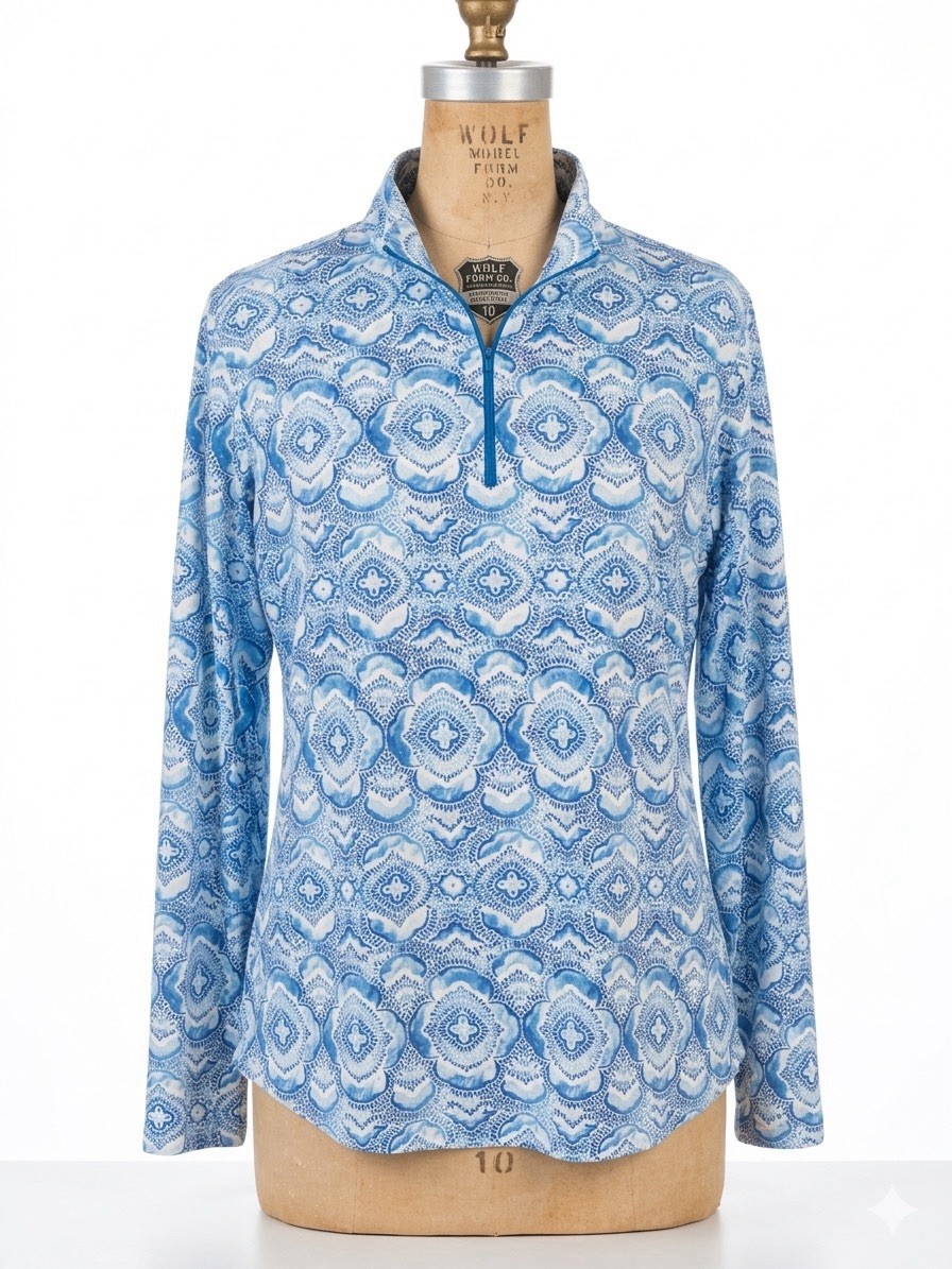 IBKUL Long Sleeve Mock Neck Top 1/4 Zip Pullover Blue Watercolor Sz L Summer