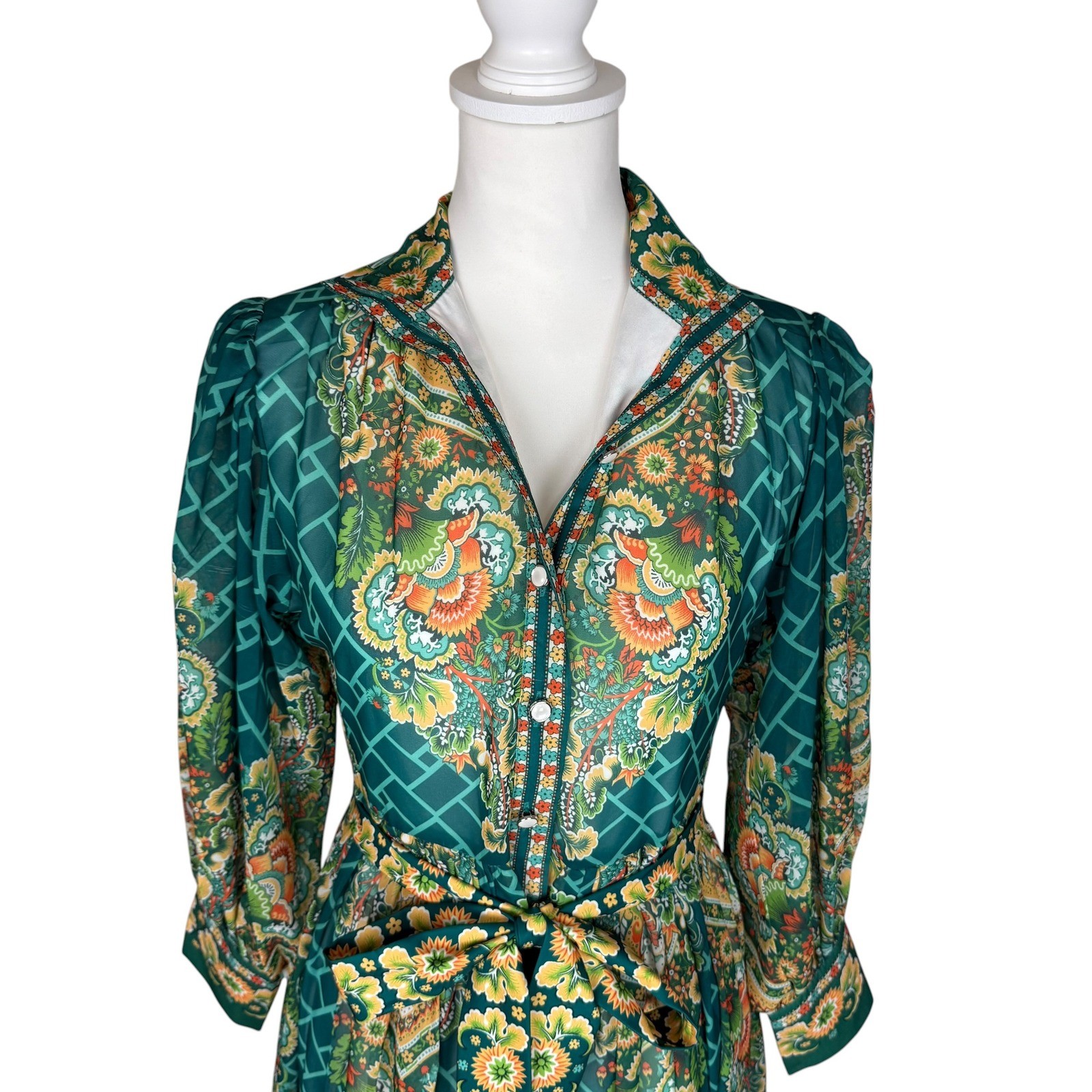 Dalia MacPhee Green Multi Floral Paisley Maxi Dress High Neck Puff Sleeve S New