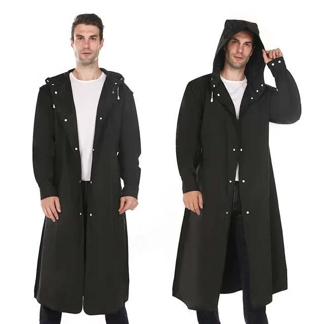 Men Black Waterproof Long Raincoat Rain Coat Hooded Trench Jacket Outdoor Hiking