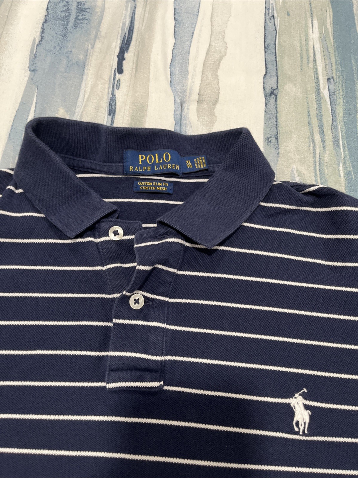 Polo Ralph Lauren Shirt Mens XL Custom Slim Fit Navy Blue White Striped Polo