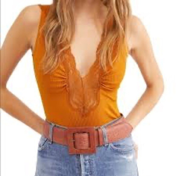 Free People Orange Lace Trim Deep V Neck Ribbed Bodysuit Women’s