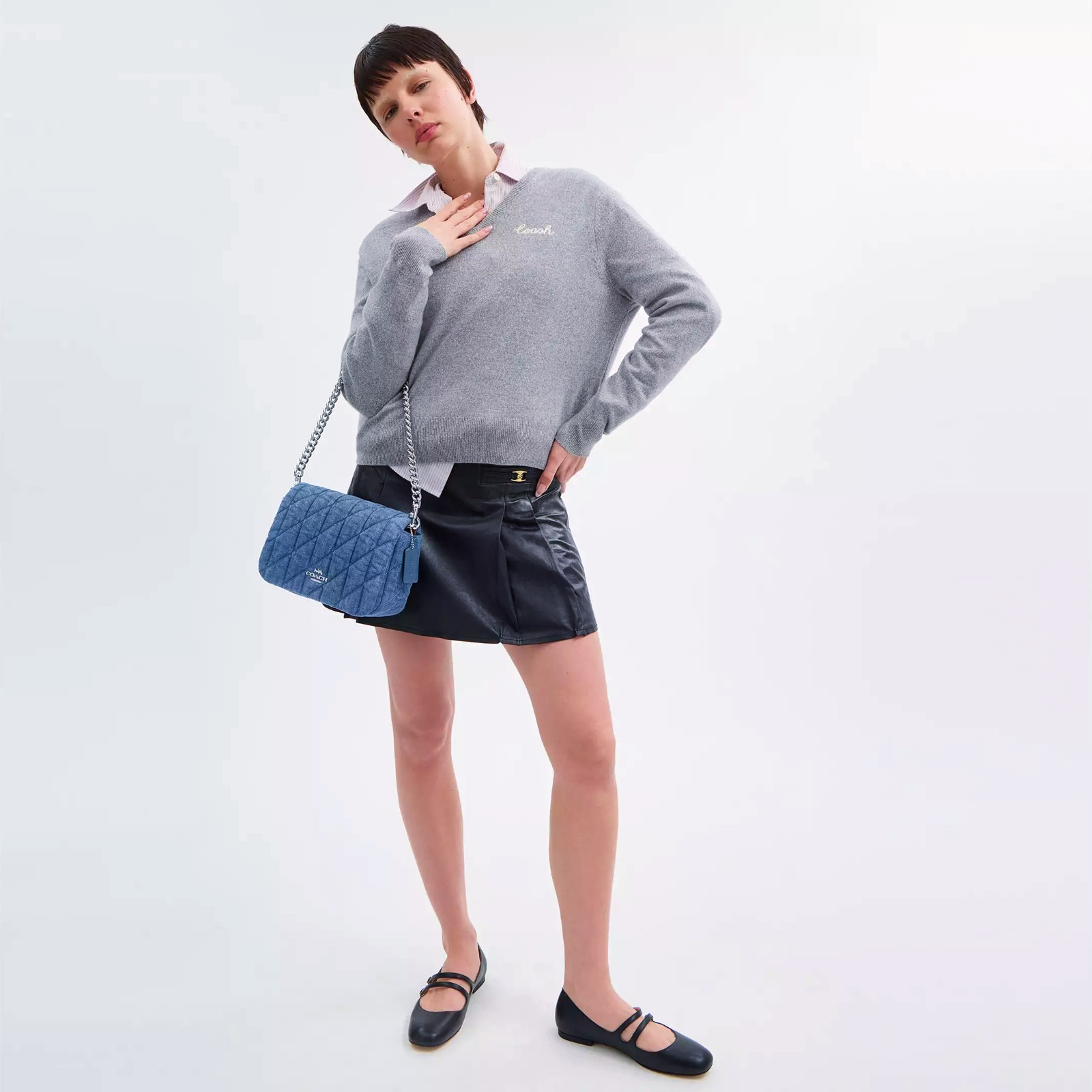 NWT Coach CAK40 Quinn Bag With Quilting Denim Smooth Leather Silver/Indigo $450
