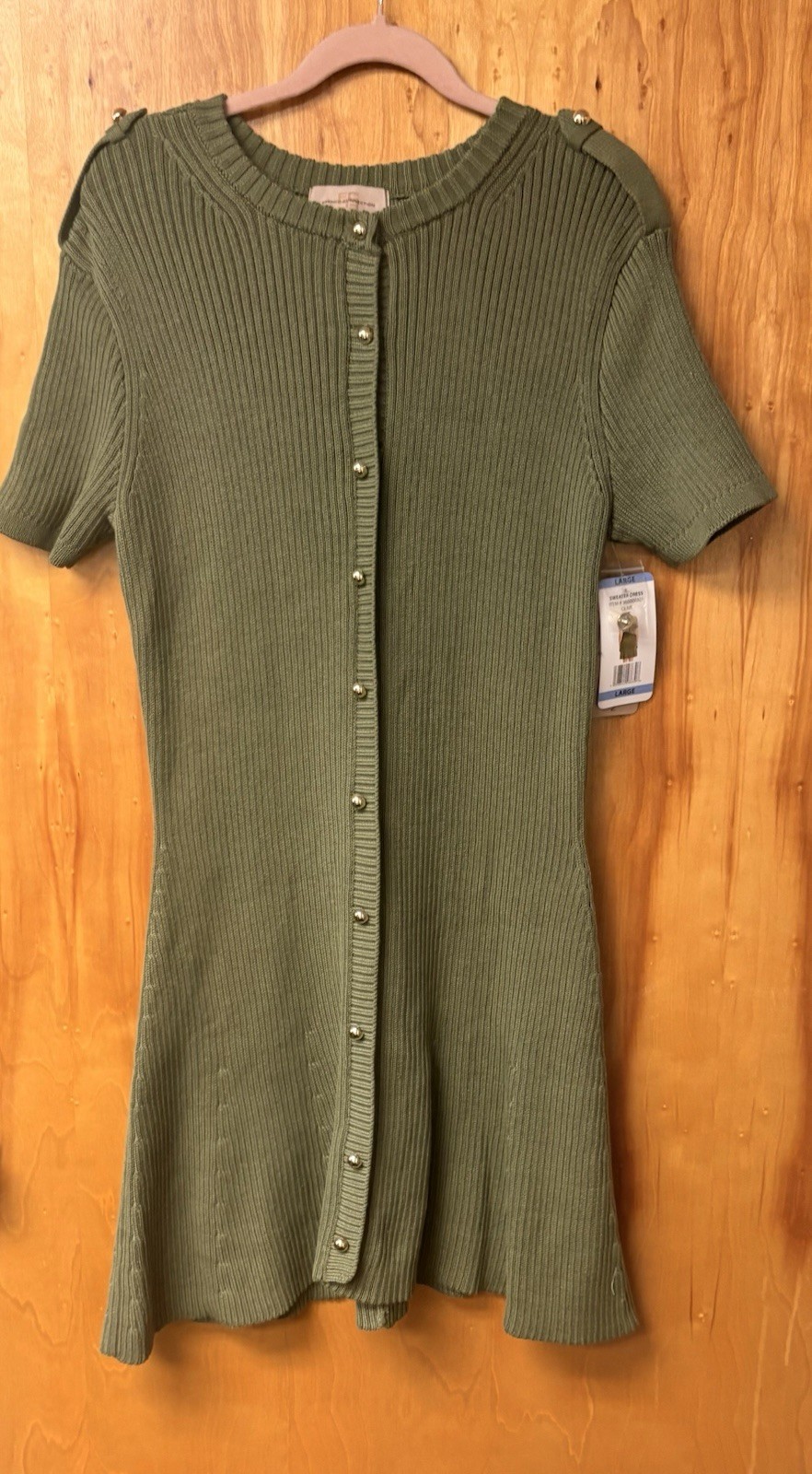 French Connection Womens Green Ribbed Knit Sweater Dress Button Front L PTP 16.5