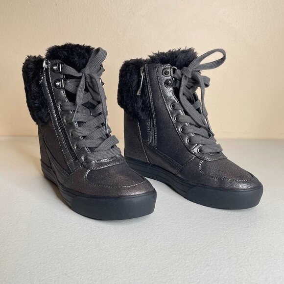 Guess Dustyn Faux Fur Hidden Wedge Sneaker Ankle Boots Size 6.5