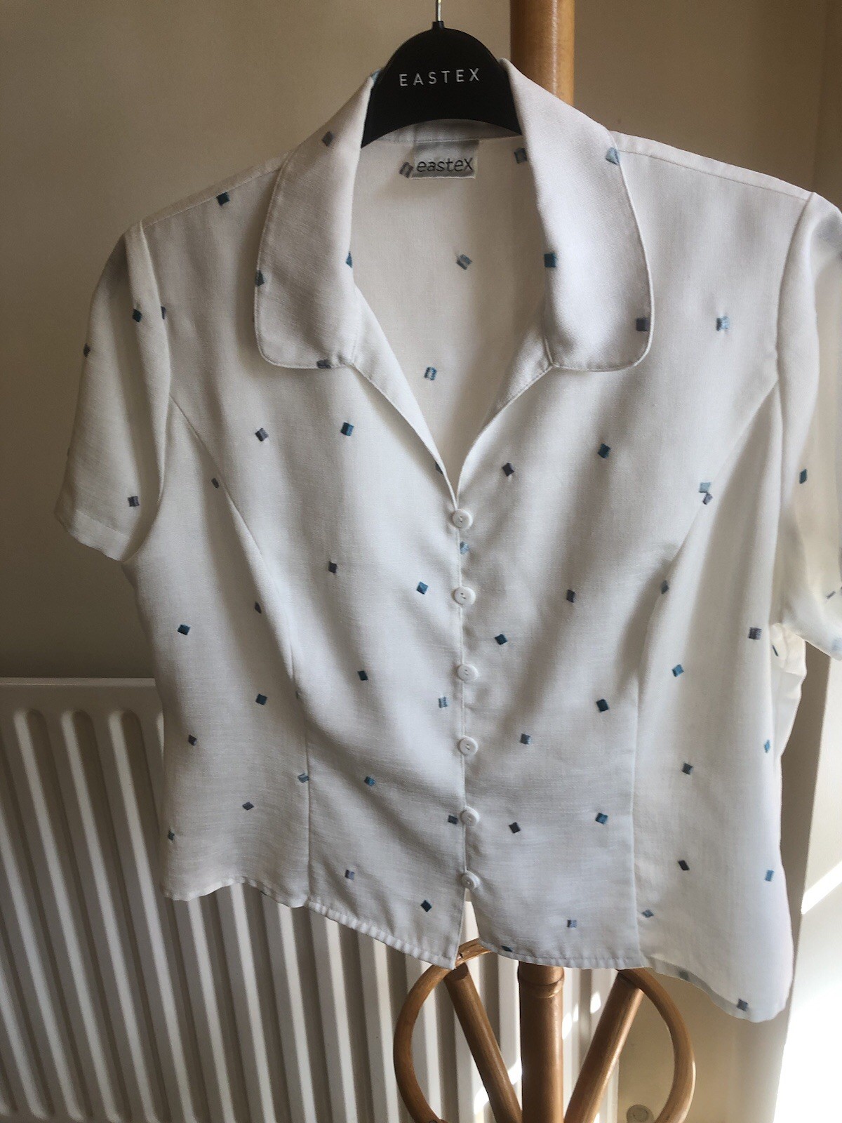 Eastex Blouse Top 16 Ivory Embroidered Squares shades Teal And Grey. VGC.