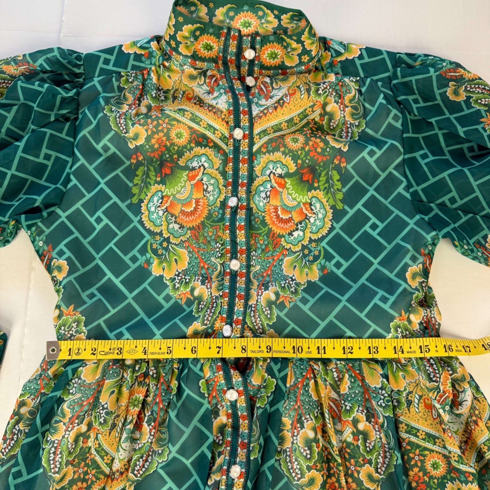 Dalia MacPhee Green Multi Floral Paisley Maxi Dress High Neck Puff Sleeve S New