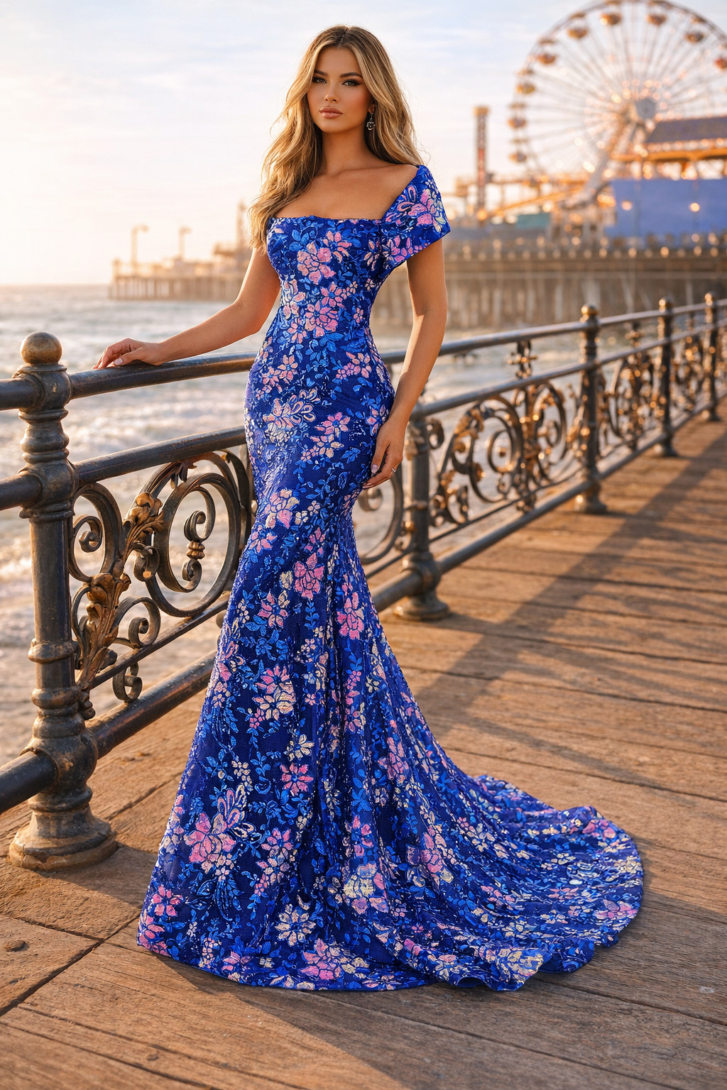 Long Blue Multi Color Floral Embroidered Sequin Fit And Flare Prom Dress Size 6