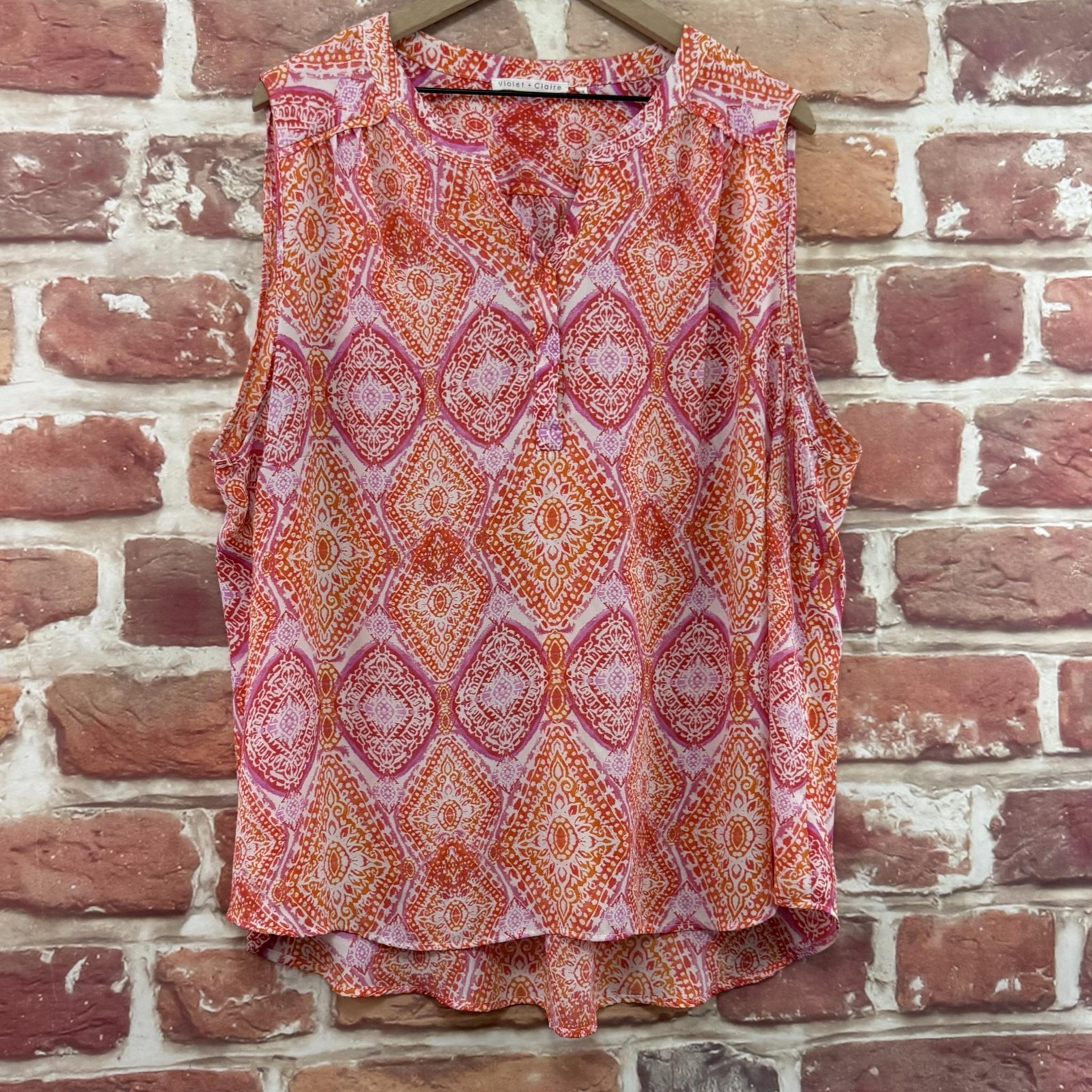 Violet + Claire Top Womens 3X Orange Boho Floral Abstract Casual Tank Shirt