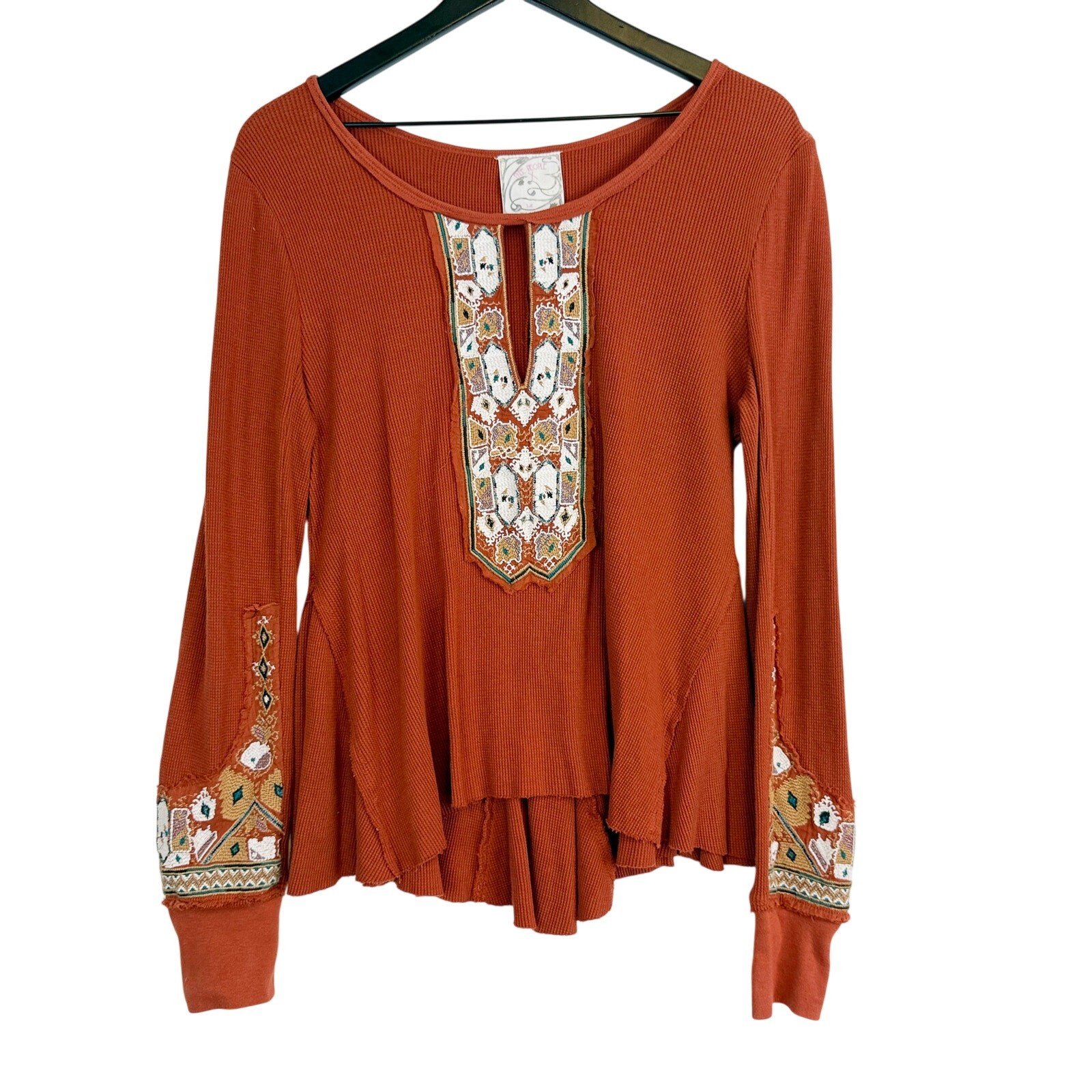 Free People Marion Embroidered Thermal Top Orange Waffle Knit Boho – L