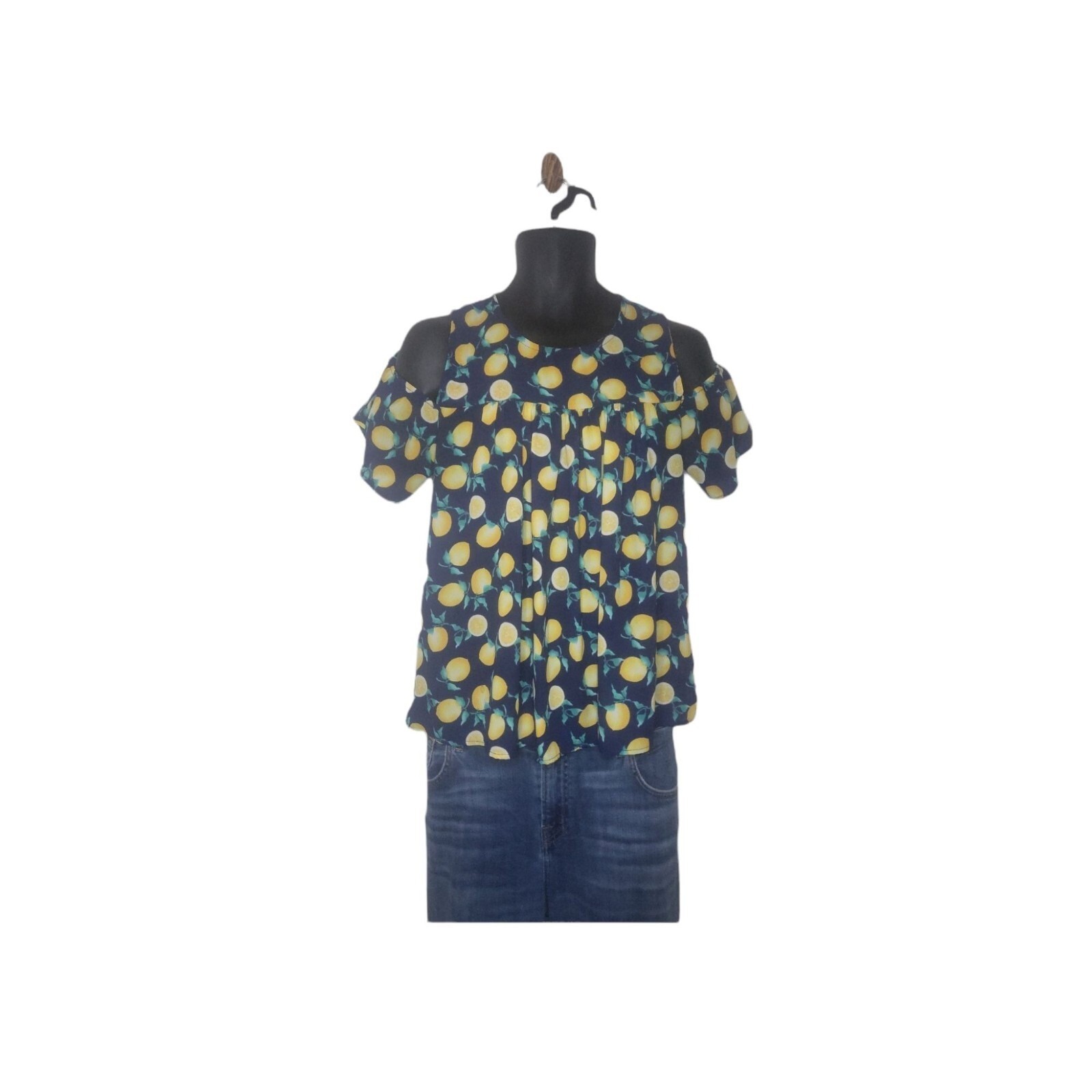 Blue Pair Womens Medium Blouse Navy Lemon Print Cold Shoulder Top Made in USA
