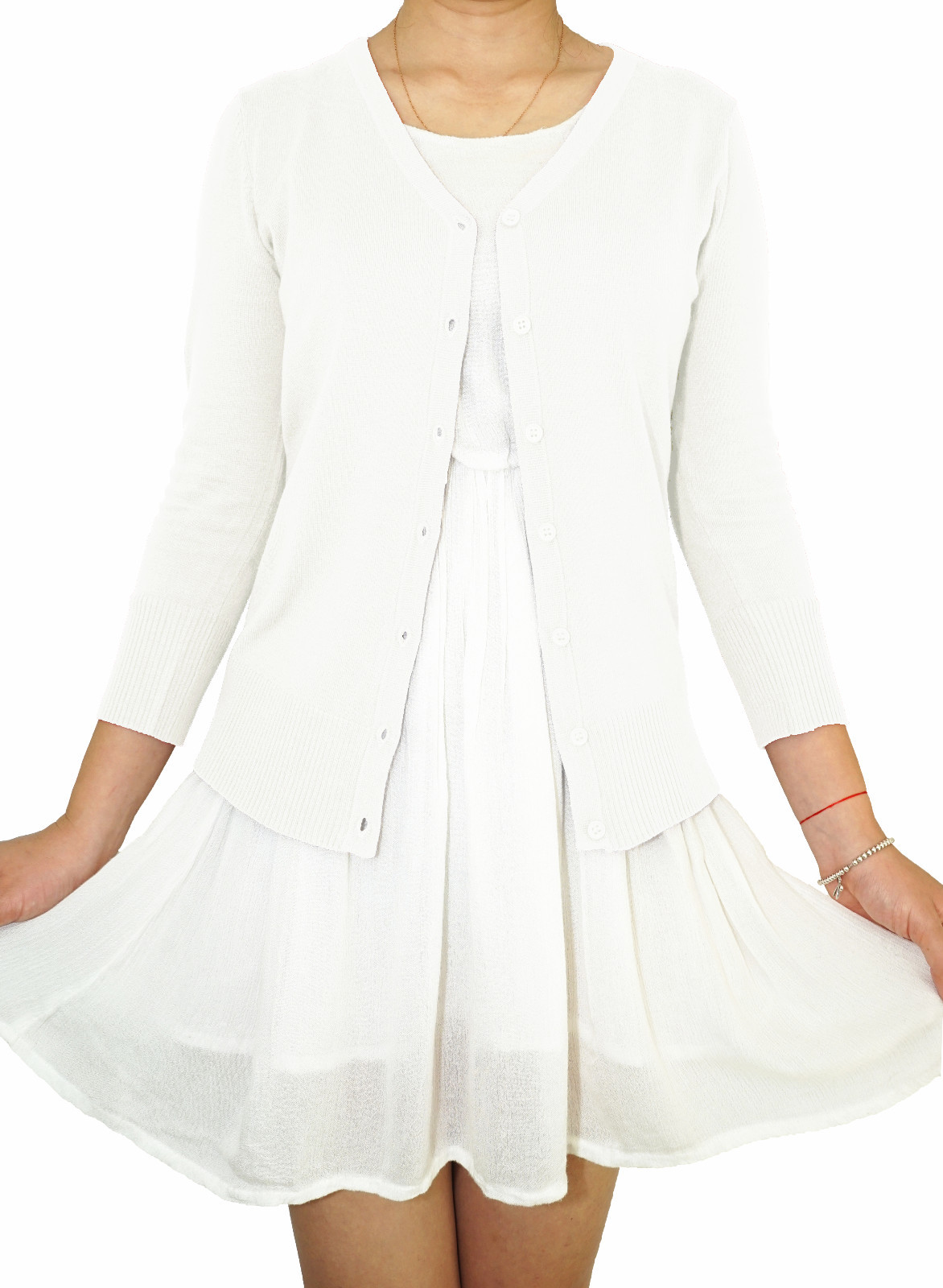Women Fitted Cardigan V-Neck 3/4 Sleeve Vintage Soft Knit Basic & Plus Size USA