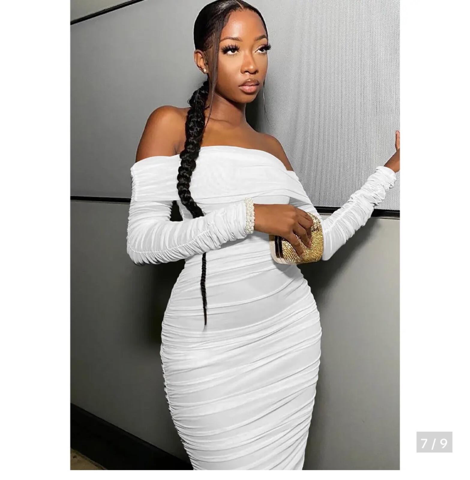 Viral OYS Off Shoulder Long Sleeve Bodycon Mesh Ruched Dress
