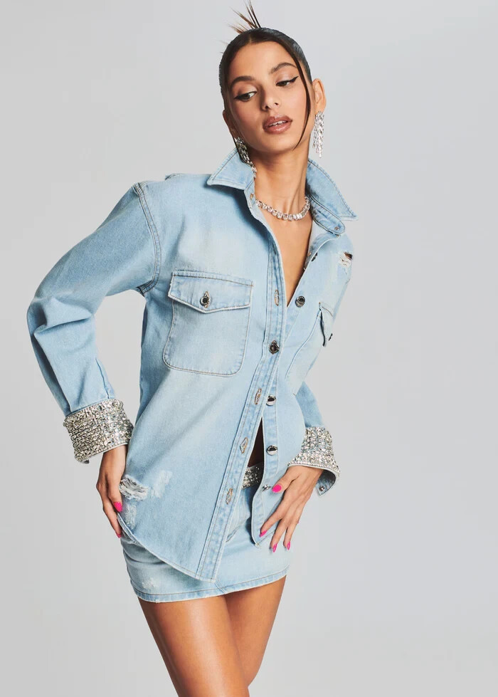 NWT Retrofete Remy Denim Shirt Jacket Top Embellished Crystal Rhinestone Western