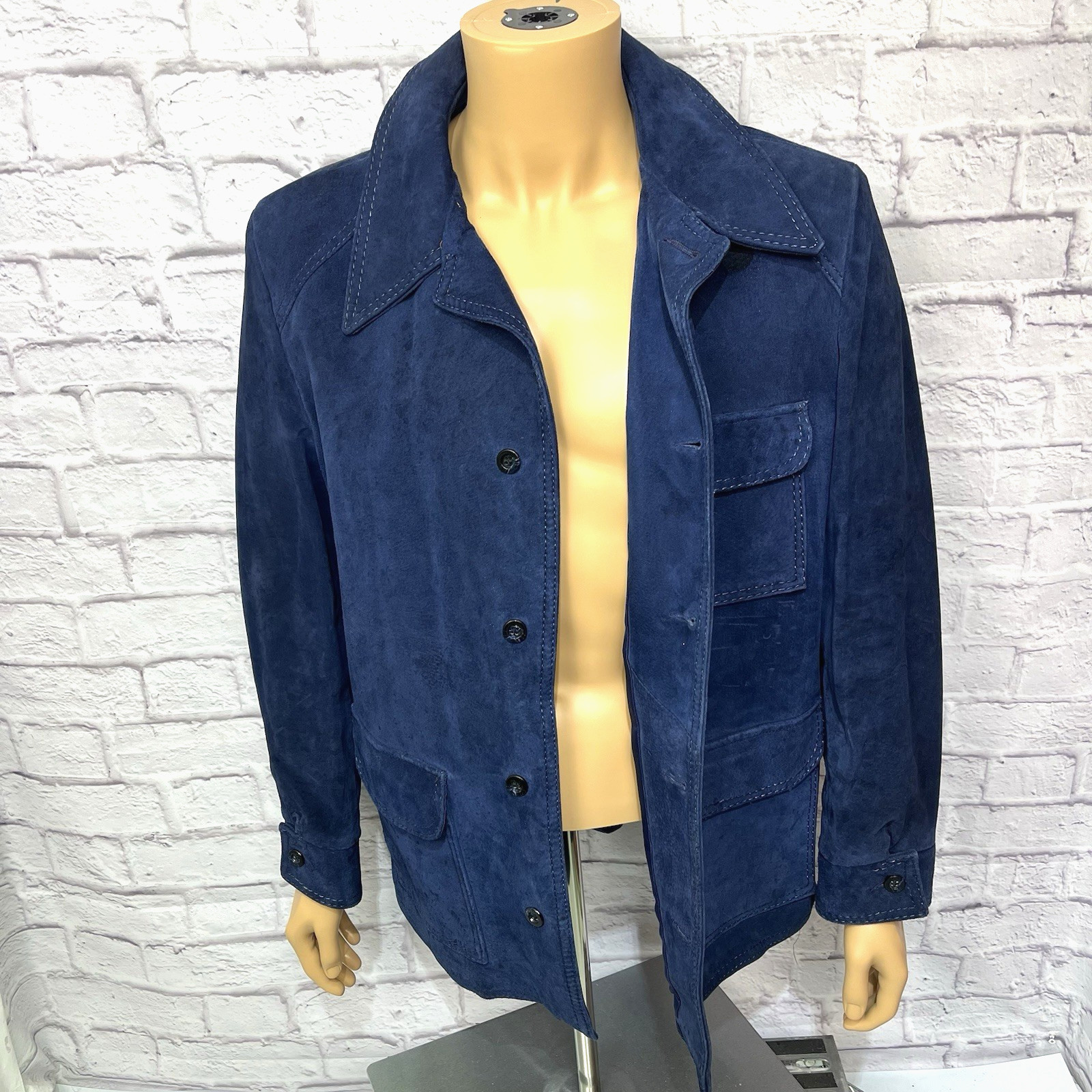 Vintage 60s 70s Men’s Cresco Blue Suede Leather Jacket Size 46 Chore Coat Safari