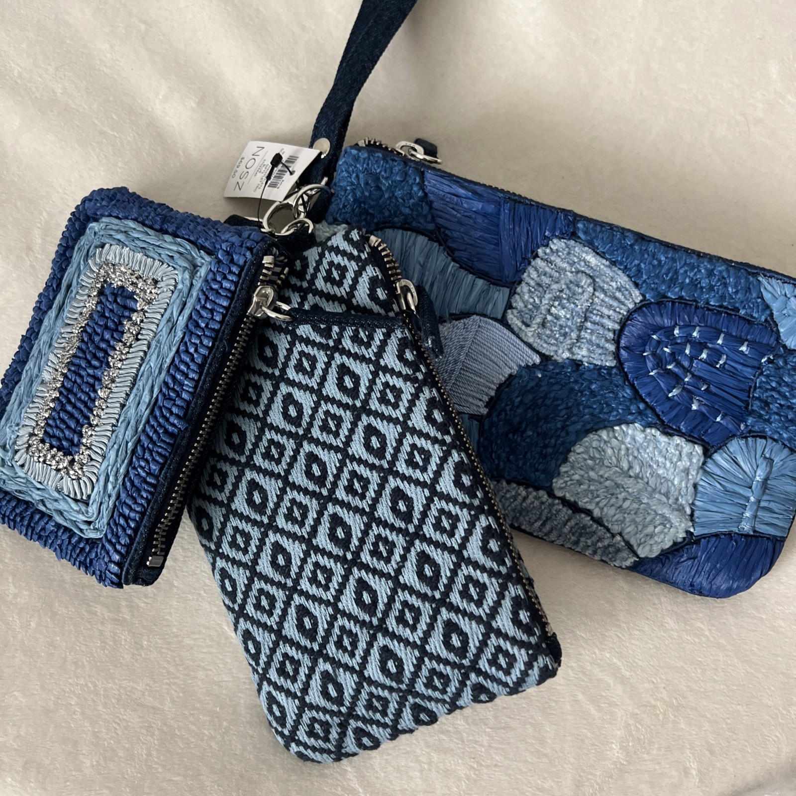 Chico Nosz Trio Wristlet Blue 8.5″ 7″ 6″ All Zip Lined Stripe Fabric Resort NWT