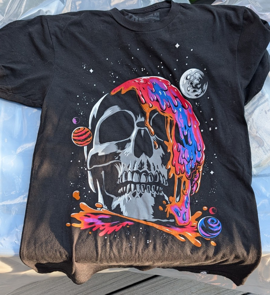 Into The AM black t-shirt melted wax on skull planets and stars background wms s