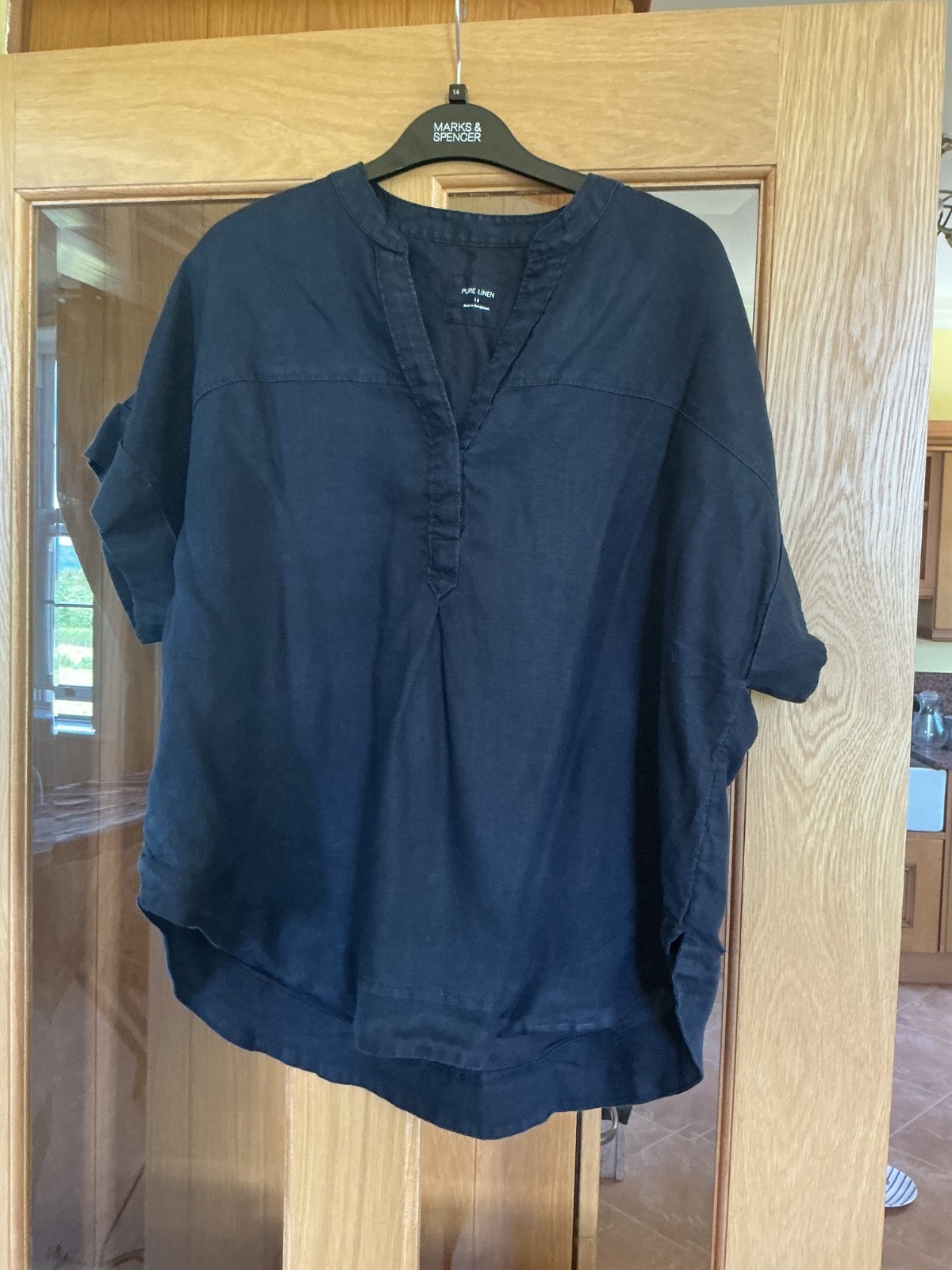Size 14 BUT READ Mark & Spencer 100% Linen Popover Shirt Navy Gently Used