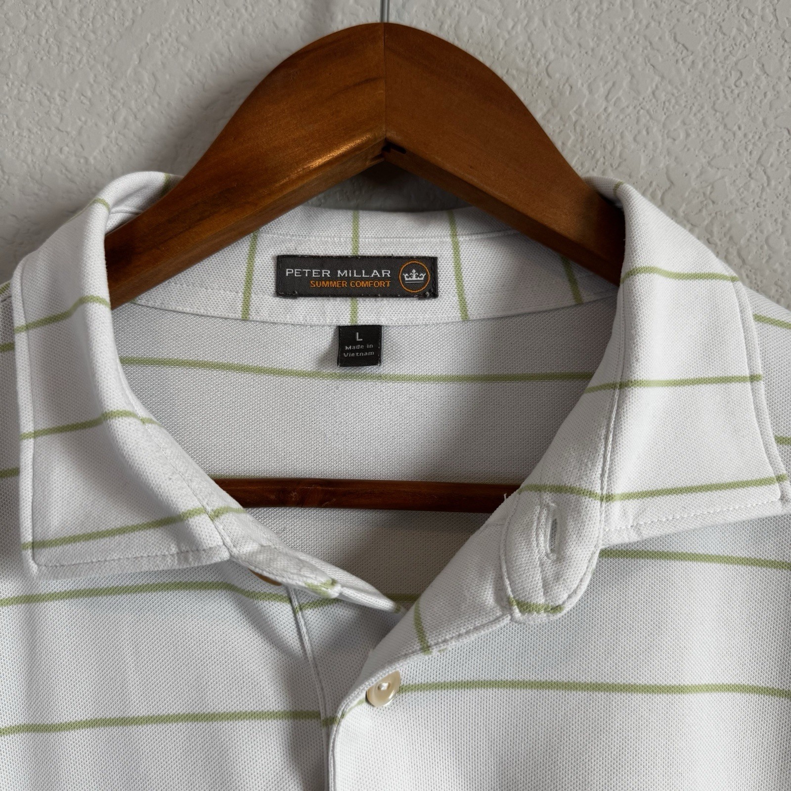 Peter Millar Men’s White Green Striped Summer Comfort Short Sleeve Golf Polo L
