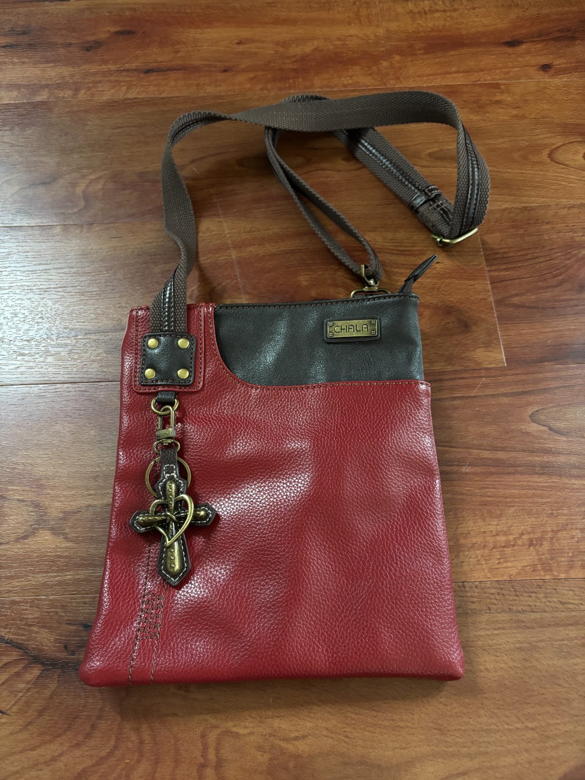 Chala Red and Brown Crossbody with Cross Keychain