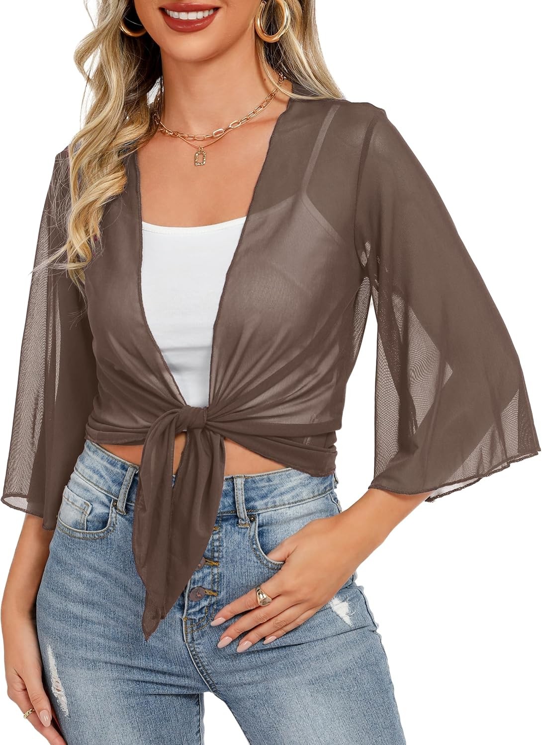 Womens Sheer Shrug Tie Front Cropped Bolero Cardigan Summer Bell Sleeve Top