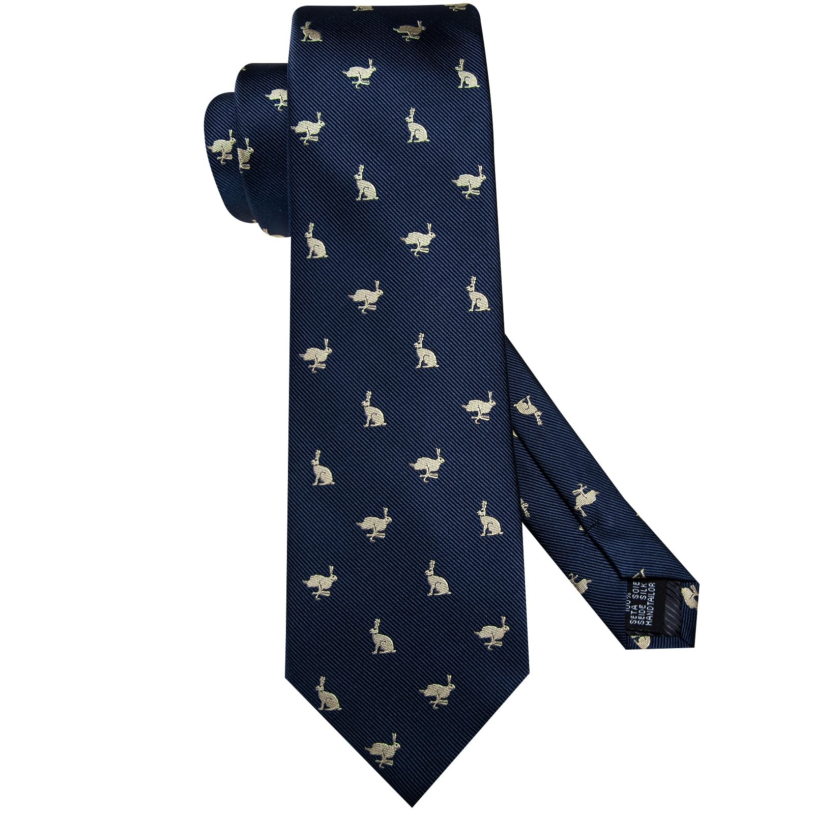 Easter Rabbits Ties for Men Dark Blue Silk Jacquard Funny Necktie Pocket Squa