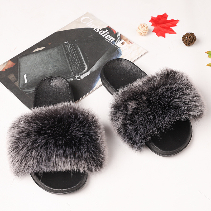 Faux Fur Slides Fuzzy Fluffy Slippers for Women Indoor Outdoor Sandals Open Toes