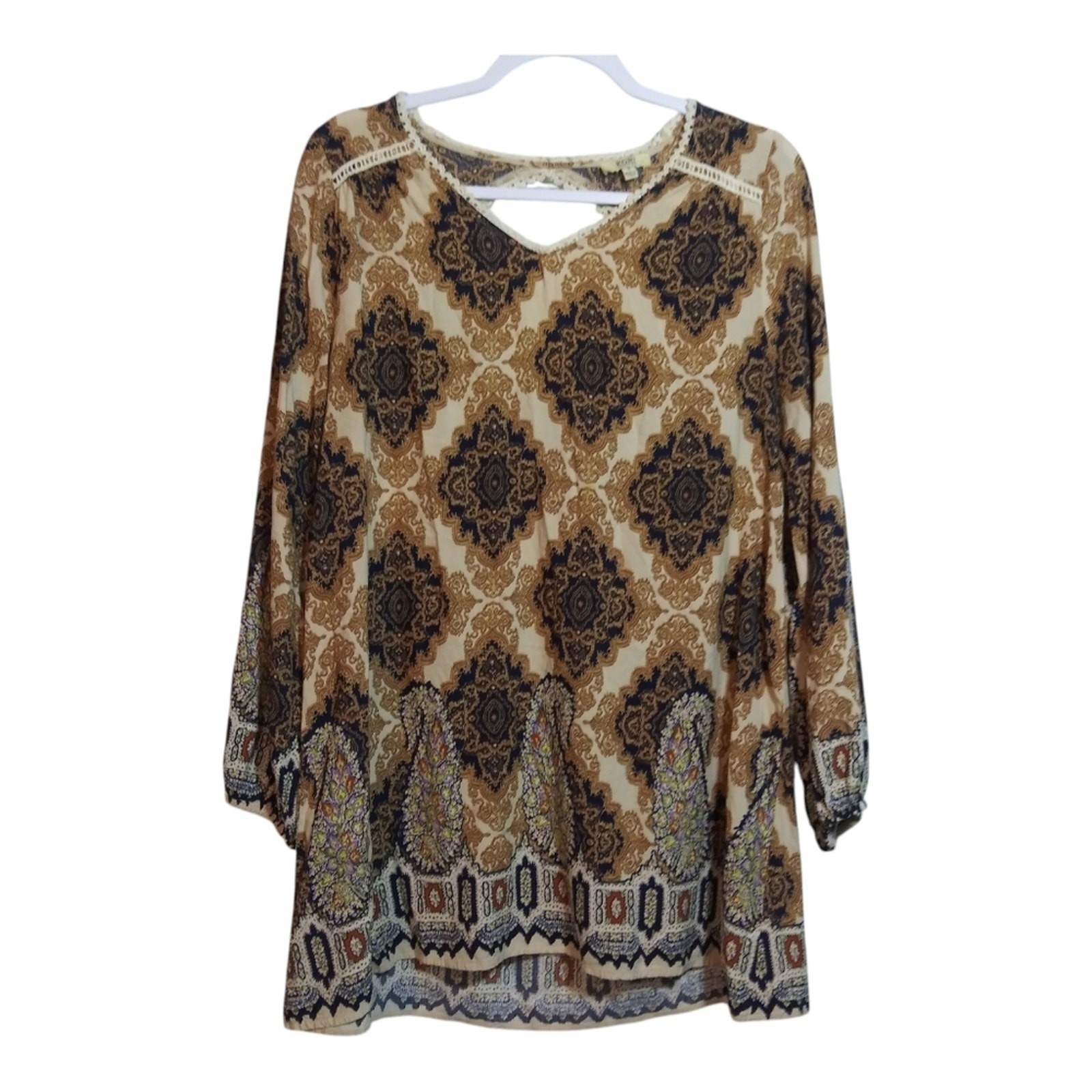 Kori America Boho Patterned Tunic Top Crochet Edge Beige Navy Size Small
