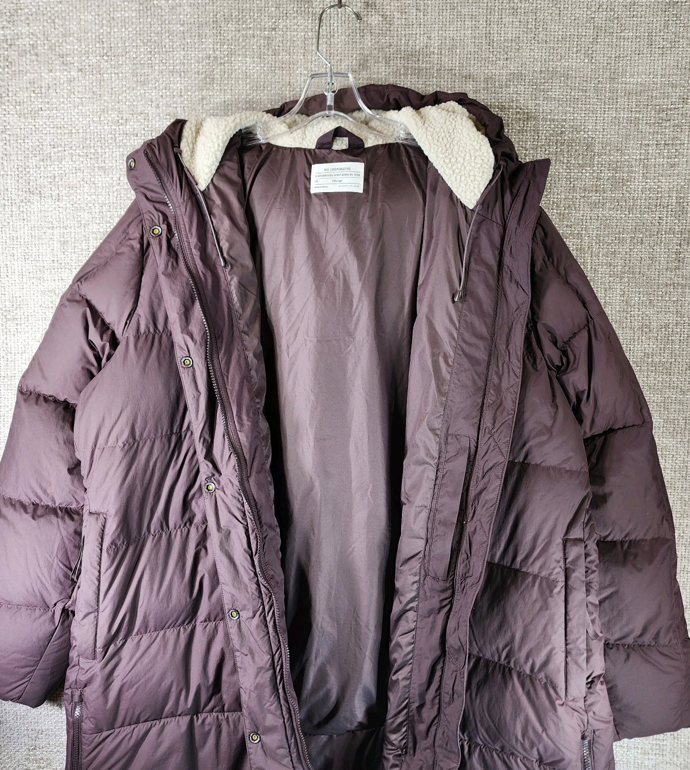 REI Down Parka Womens 3X Dusty Plum Sherpa Lined Hood Full Zip Snap