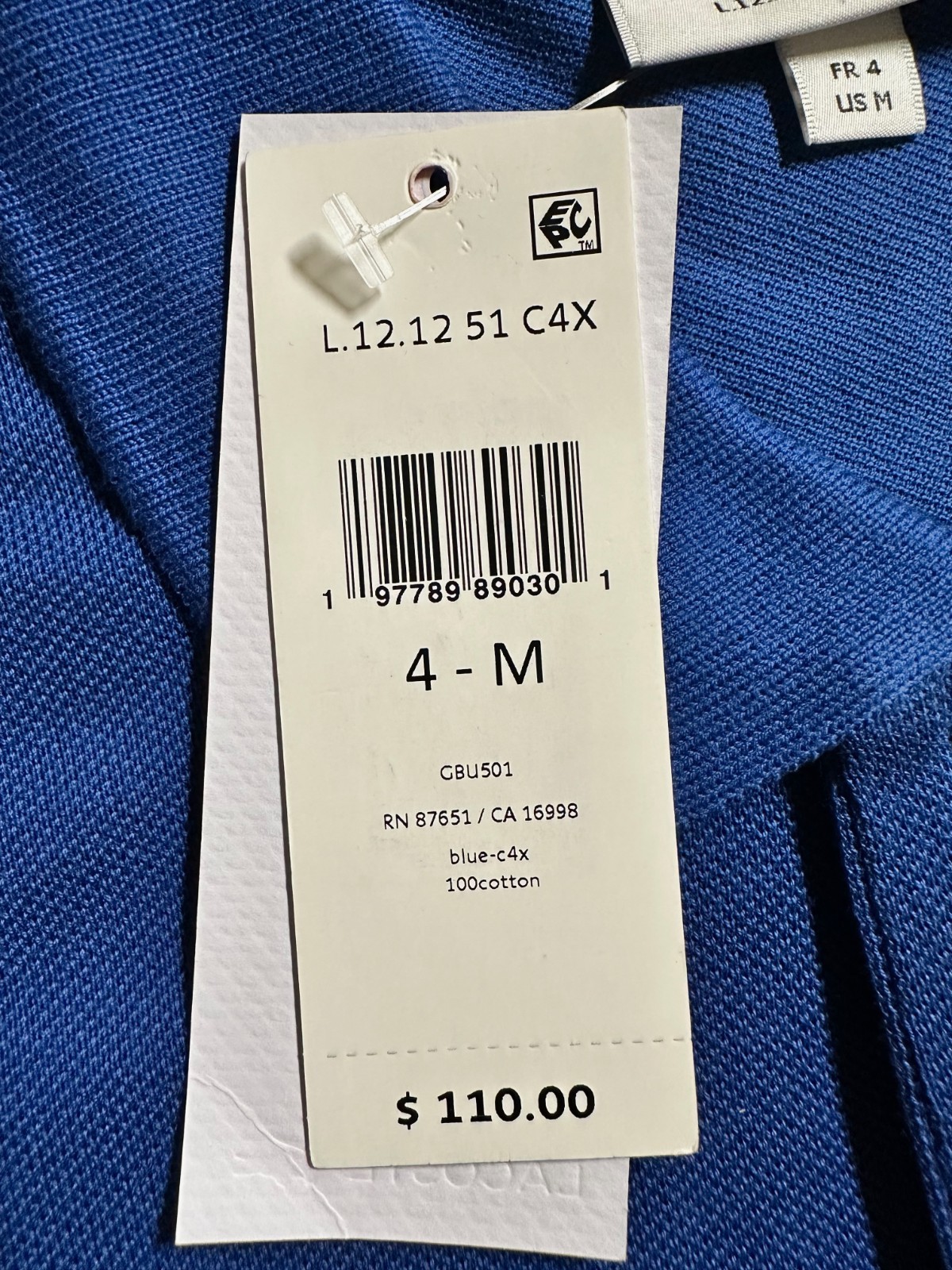 Lacoste Men’s Original Cotton Pique Polo shirt Classic Fit size M/4 Blue NEW