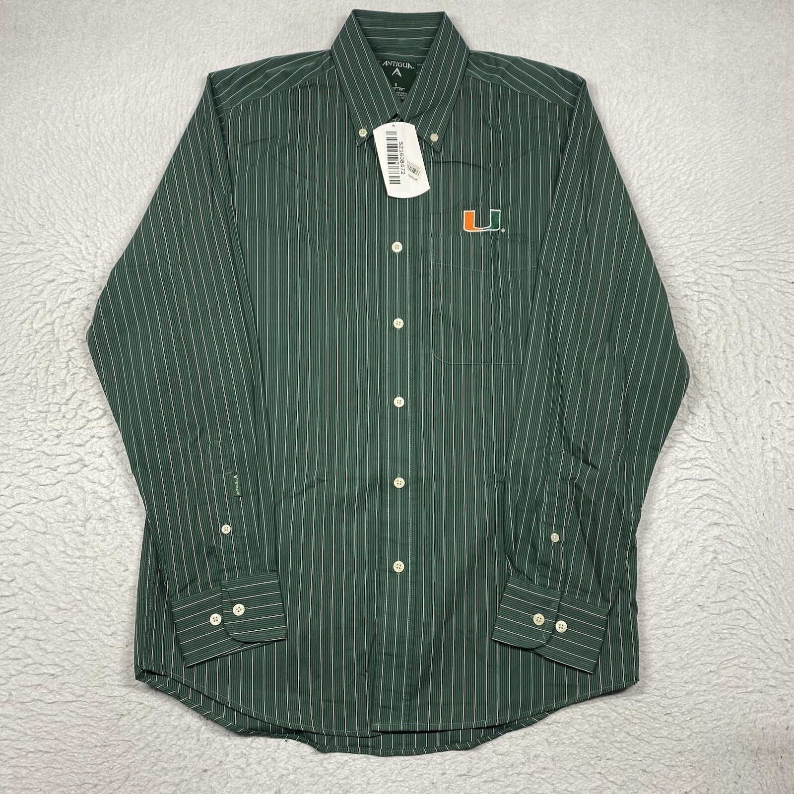Antigua UM University Miami Shirt Mens Small Green Striped Button Down L/S
