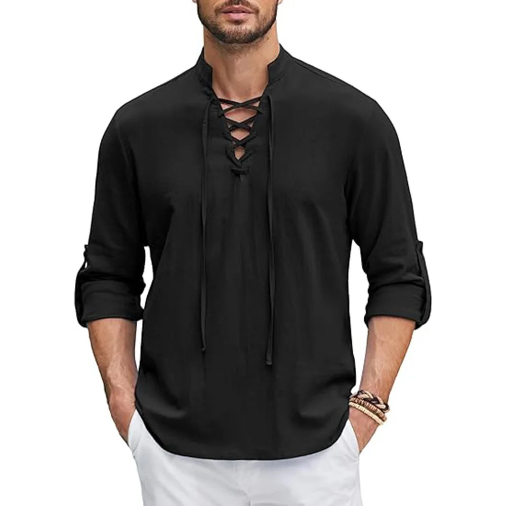Men’s Renaissance Pirate Medieval Viking Cotton Linen Long Sleeve Shirt Summer