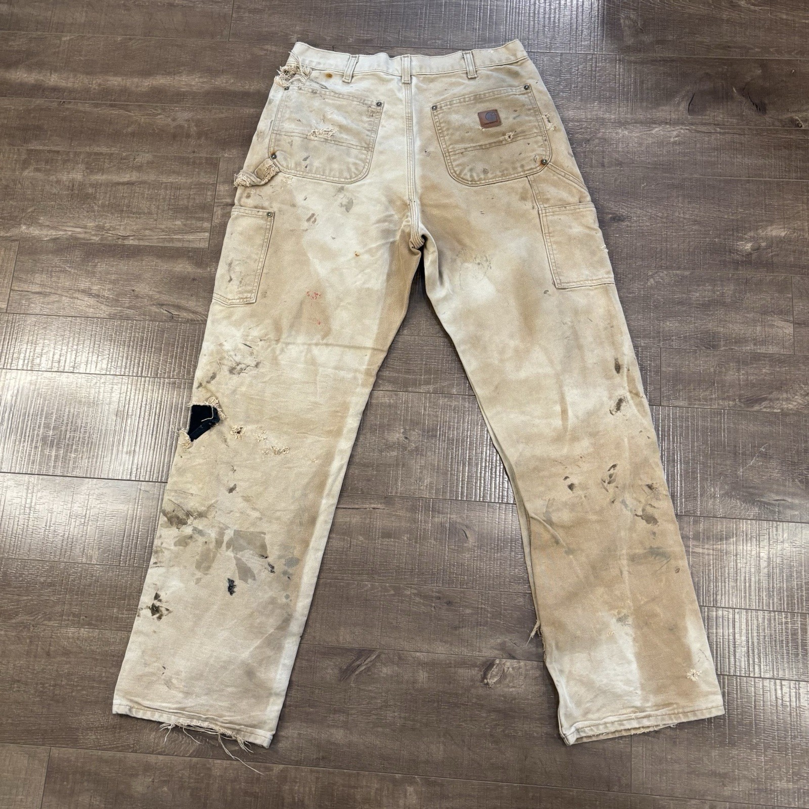 CARHARTT Double Knee CARPENTER PANTS 32X34 B136 BRN Tan THRASHED vtg FADED F6