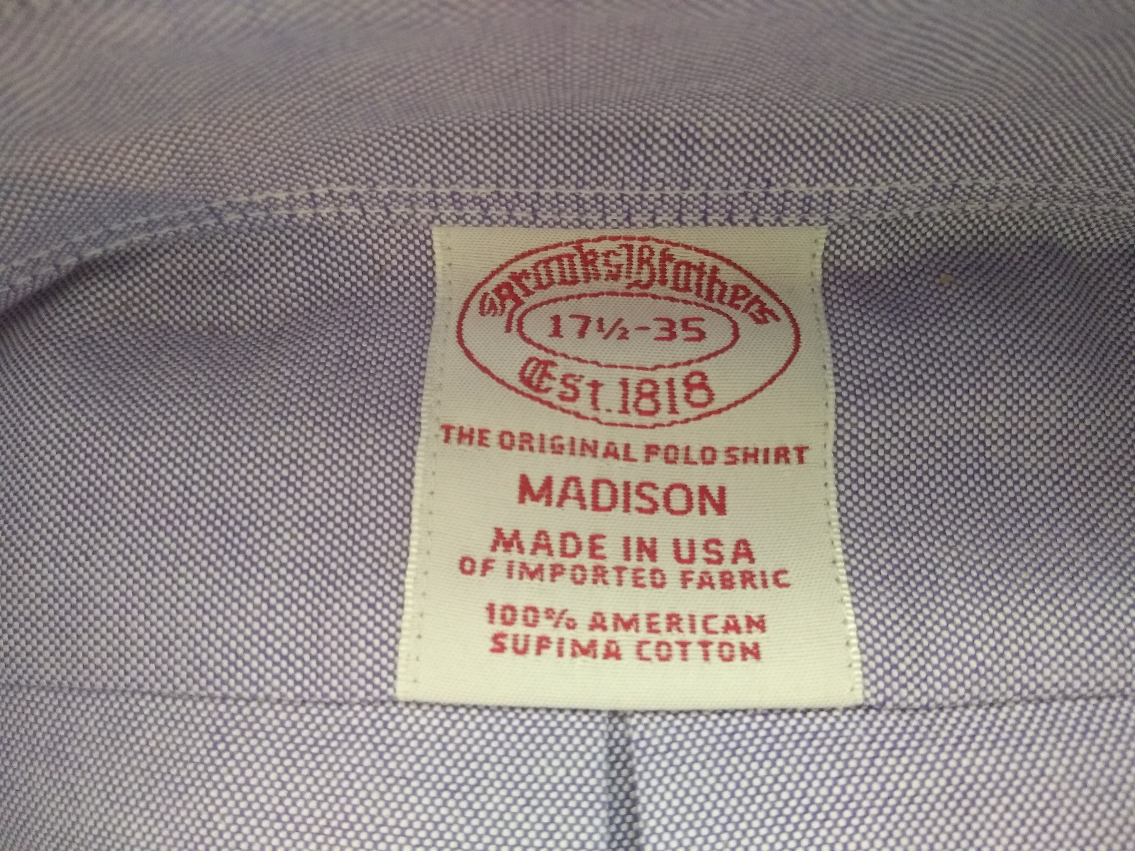 NWOT Brooks Brothers Purple Supima Button Down 17.5-35 Madison MSRP $140