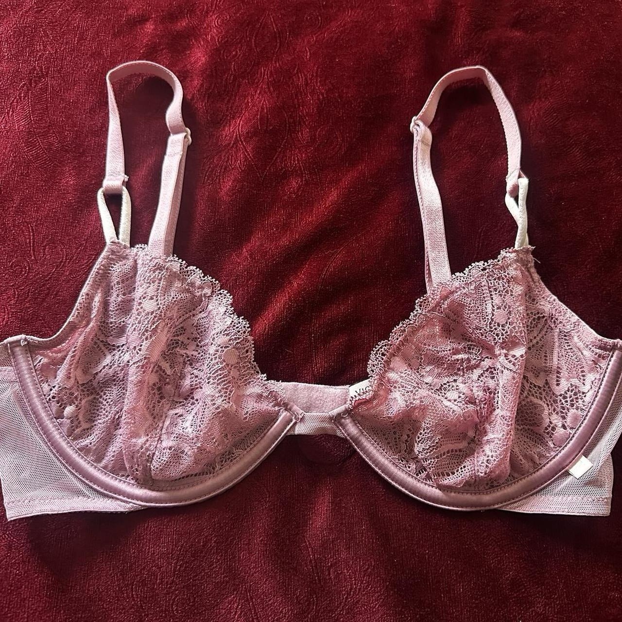 Pink Floral Lace Underwired Unlined Bra 34C Sheer Adjustable Straps Hook & Eye