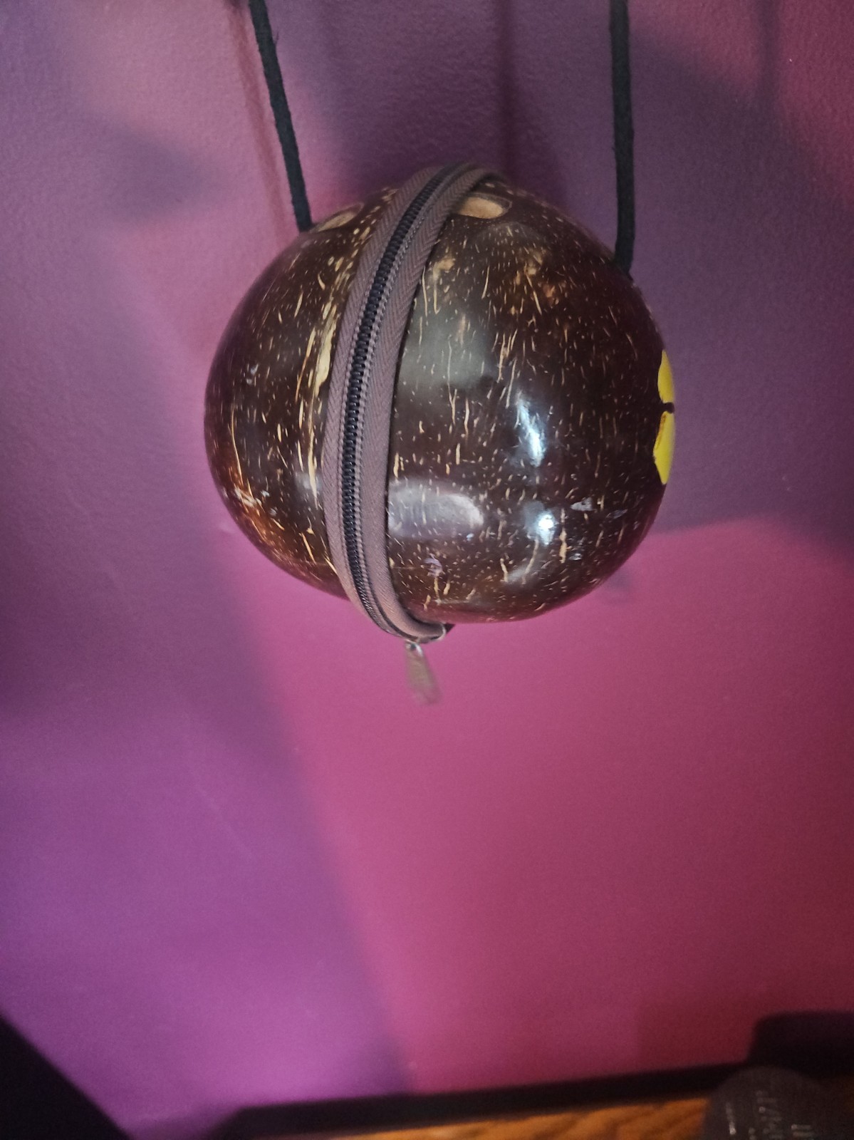 Hand Carved Coconut Shell Purse with Yellow Hawaiian Flower
