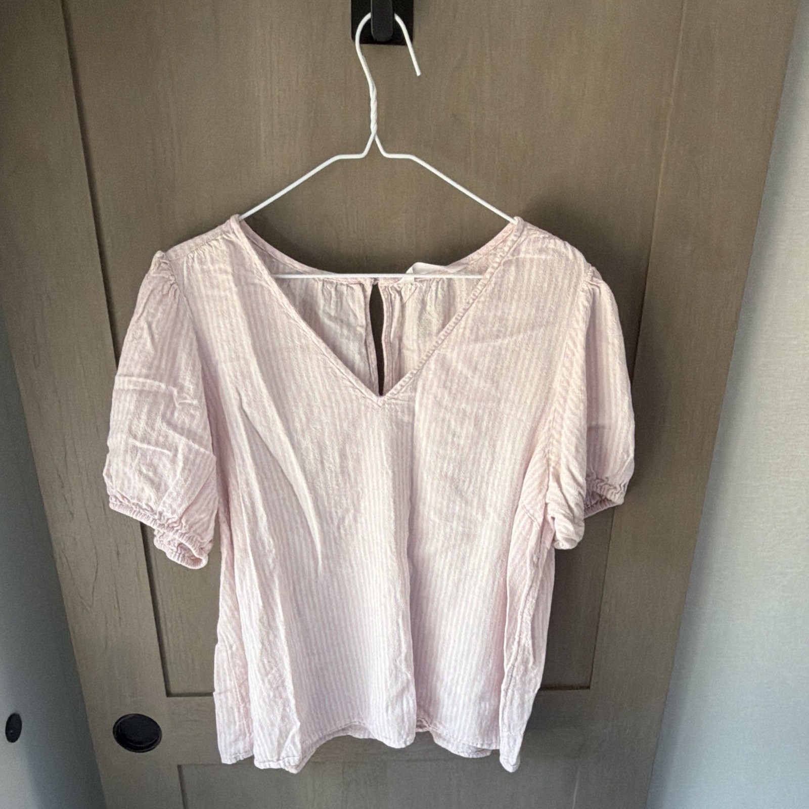 LC Lauren Conrad Pink/White Striped V-Neck Short Puff Sleeve Woven Blouse XL