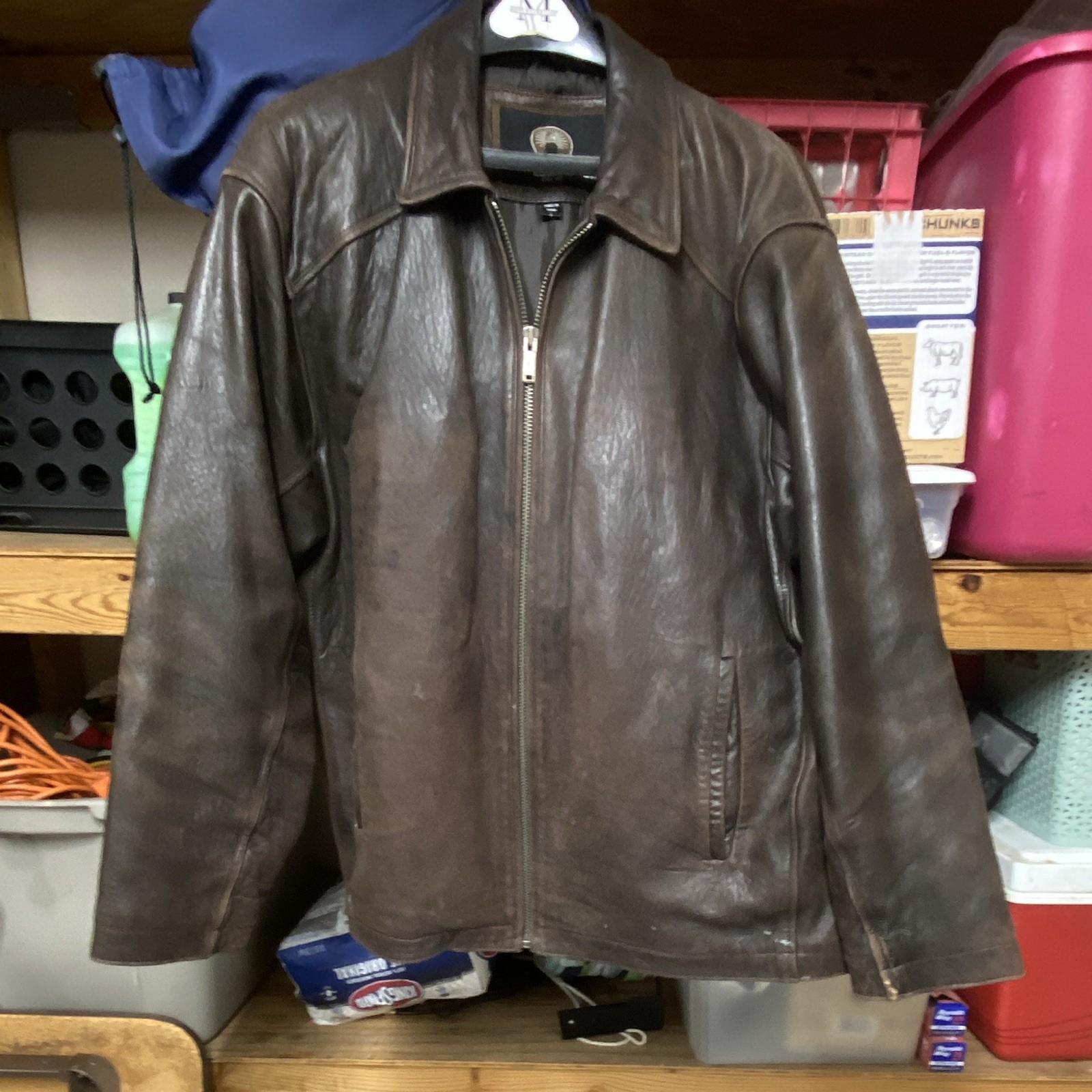100% Brown Leather Zip-Up Jacket L Collared Short Long Sleeve