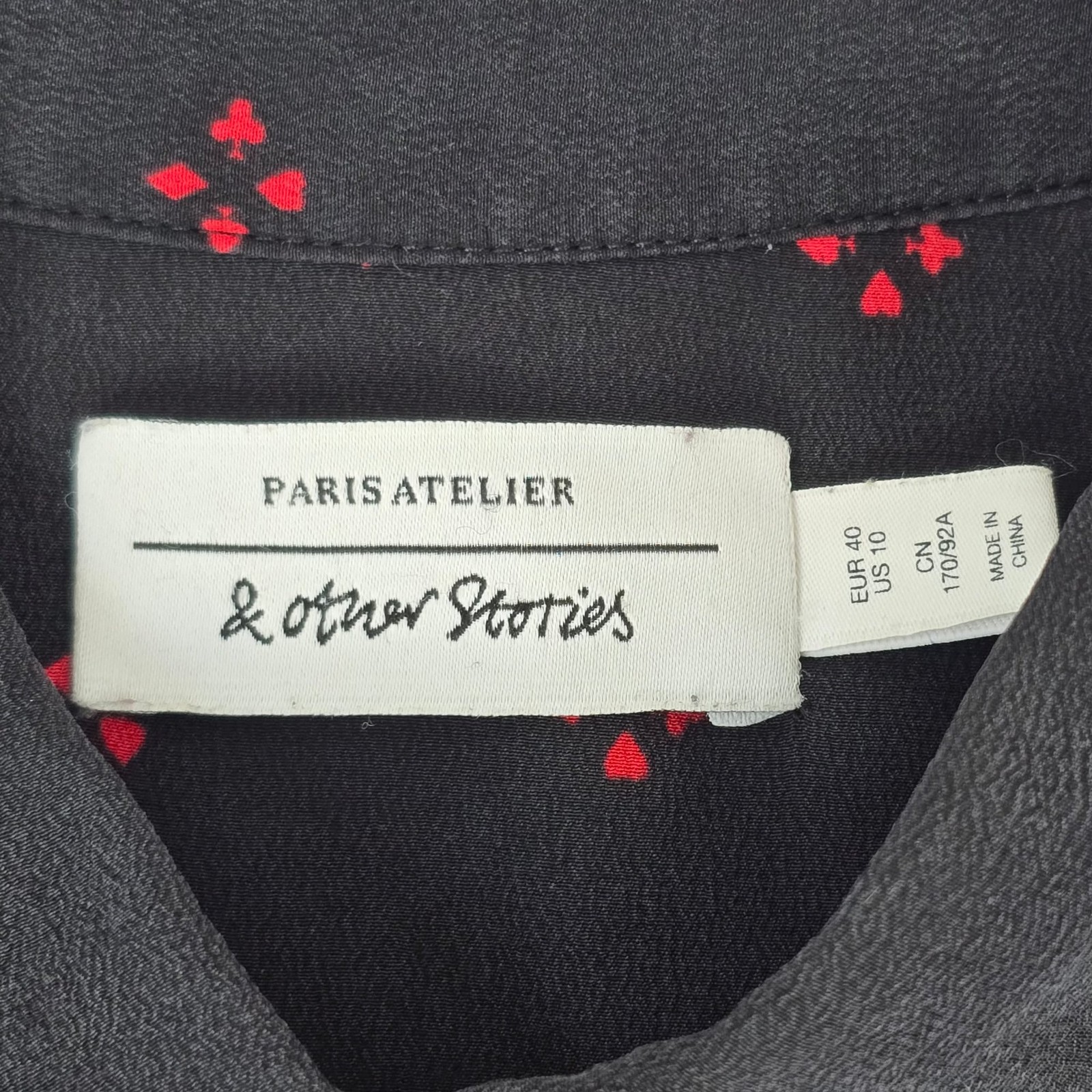 & Other Stories Silk Blouse Black Red Print Hidden Button Long Sleeve Shirt