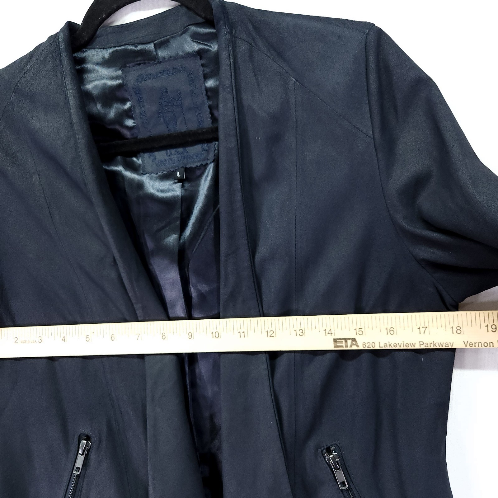 My Tribe Leather Jacket Navy Blue Waterfall Open Front Size Large Made in USA