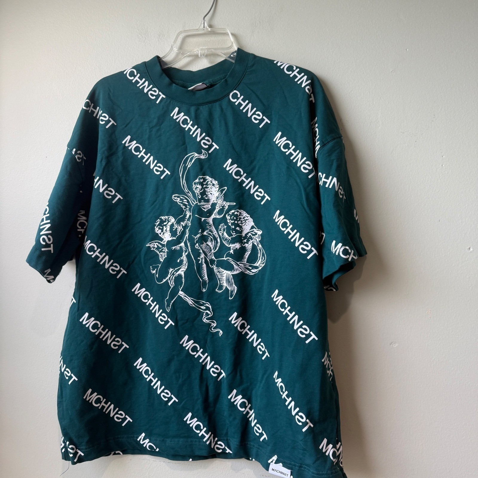 MACHINIST Graphic Print T-Shirt Dress Angels Oversized Green Large